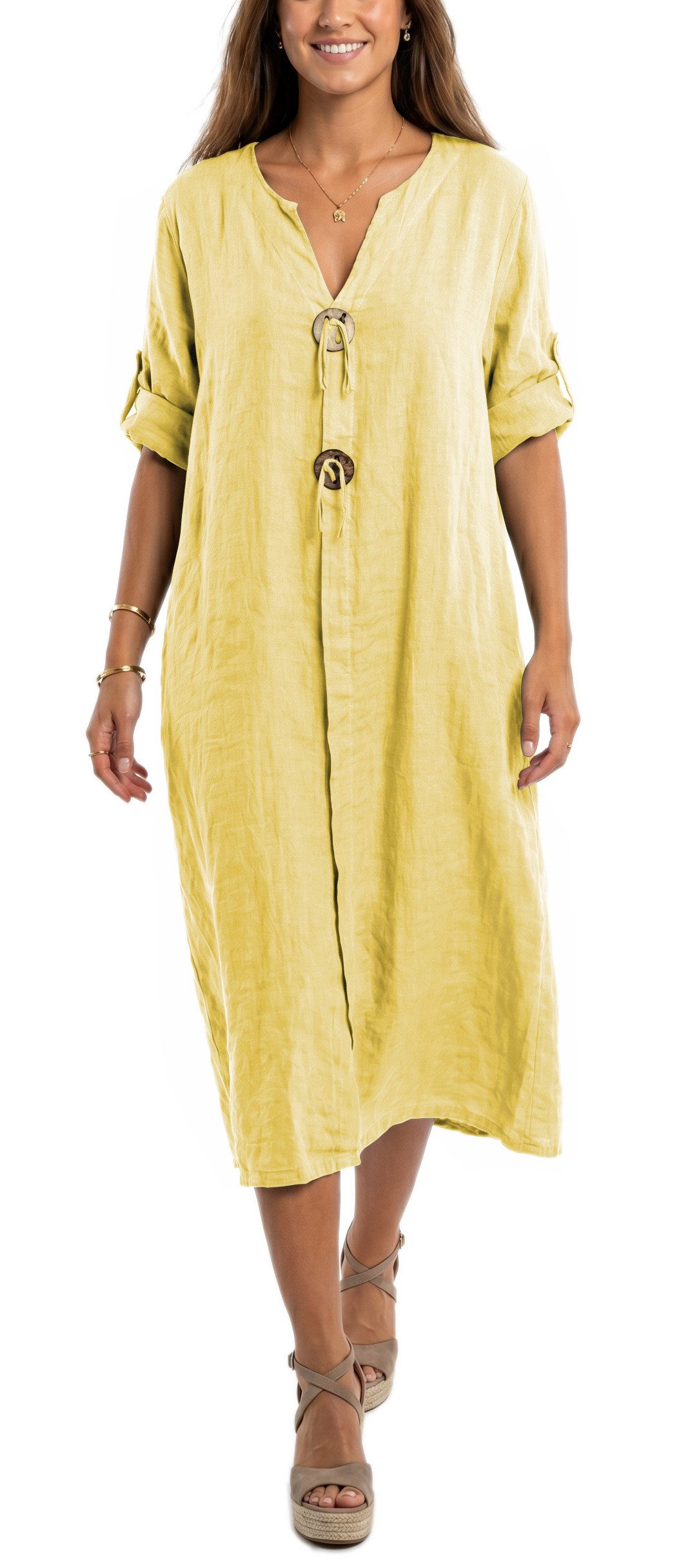dy_mode Hemdblusenkleid Damen Leinenkleid Midi Hemdblusenkleid mit V-Ausschnitt Freizeitkleid in Unifarbe, V-Ausschnitt, mit seitlichen Eingriffstaschen