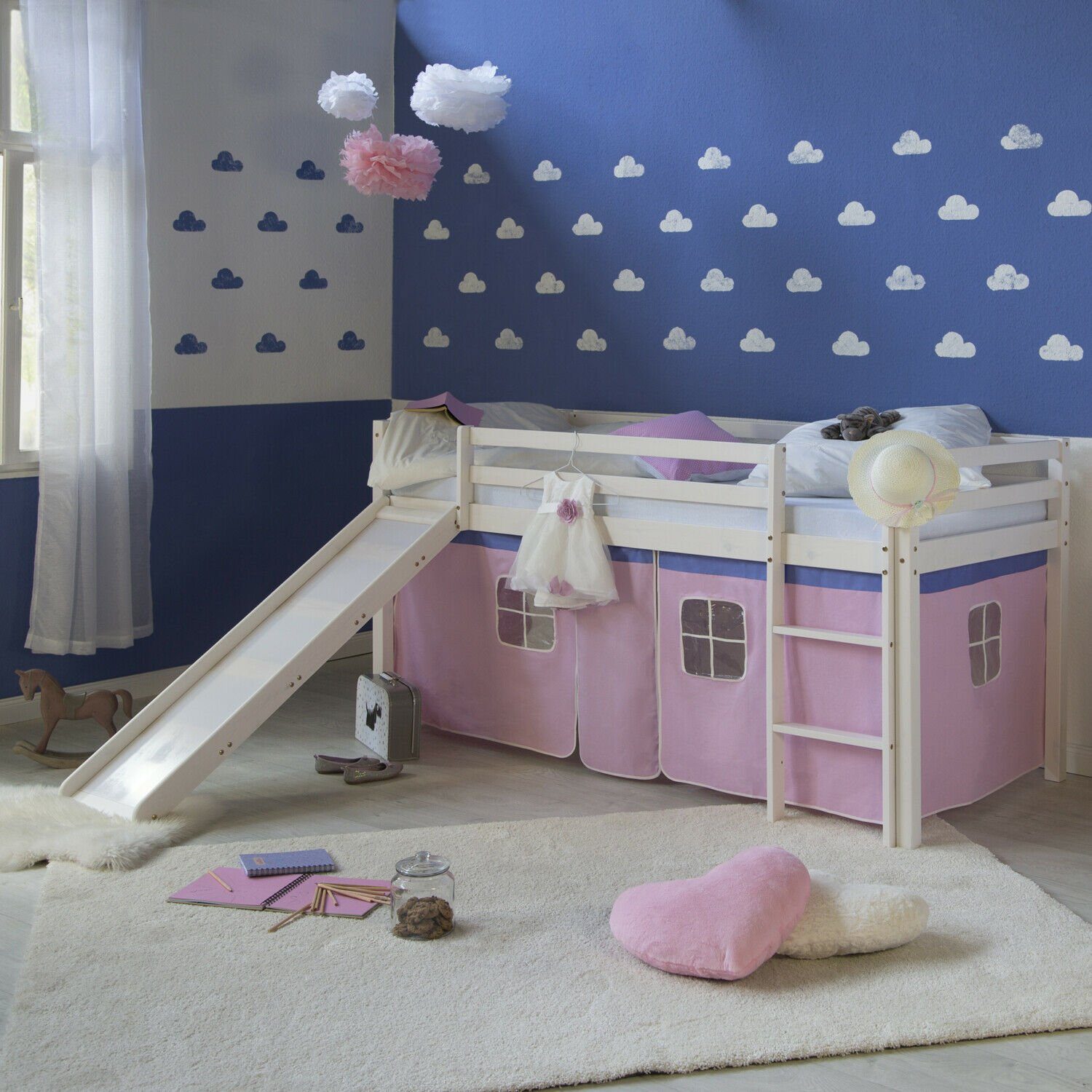 Homestyle4u Hochbett Kinderbett mit Leiter und Vorhang Weiß Rosa Holz Kiefer mit Rutsche