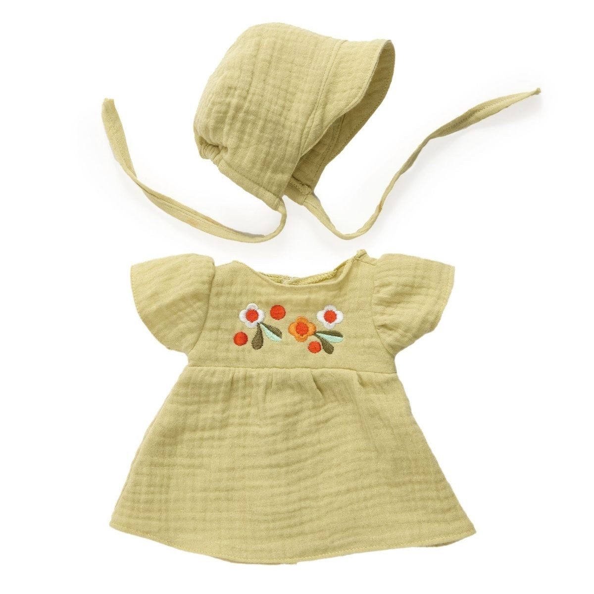 DJECO Puppenkleidung Pomea Frühlingskleid für Puppen 28–34 cm Häubchen zarte Gaze-Baumwolle