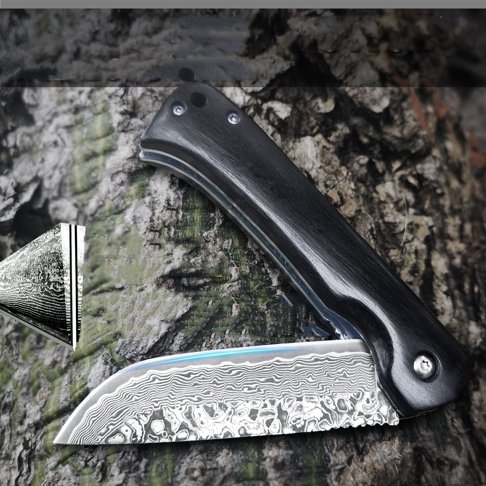 KingLux Damastmesser Damast Taschenmesser Klappmesser Einhandmesser mit Messerscheide – Bild 2 von 5