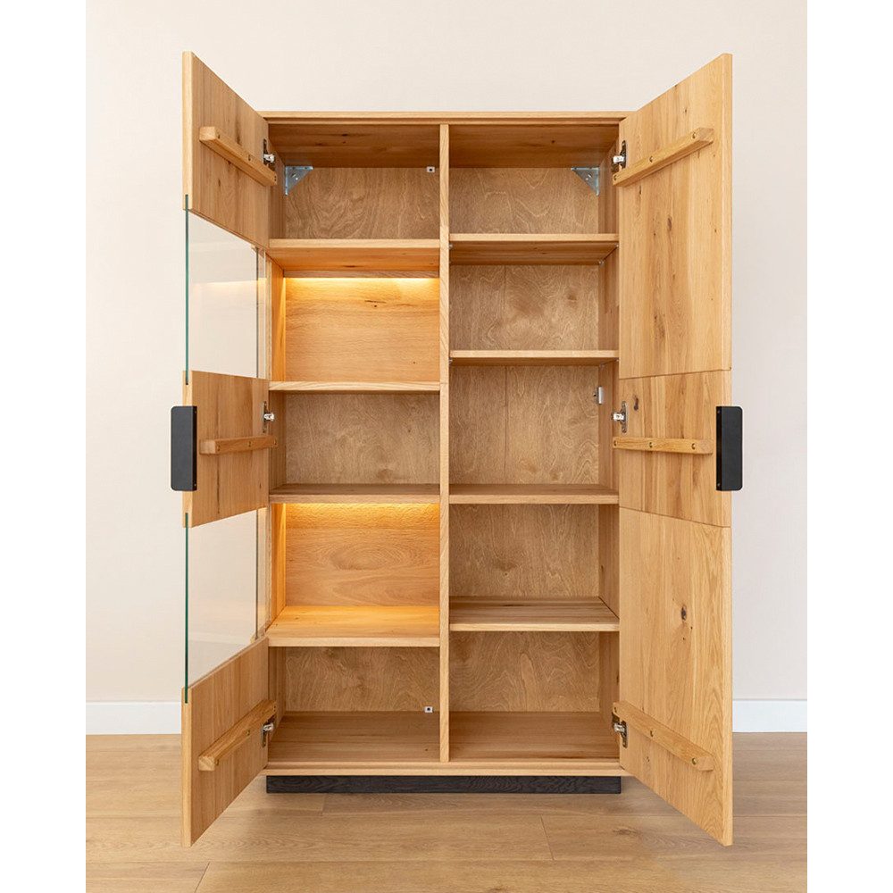 Lomadox Vitrine TIVAT-163 Eiche massiv geölt, 83 cm breit, stehend / hängend, inkl. Beleuchtung