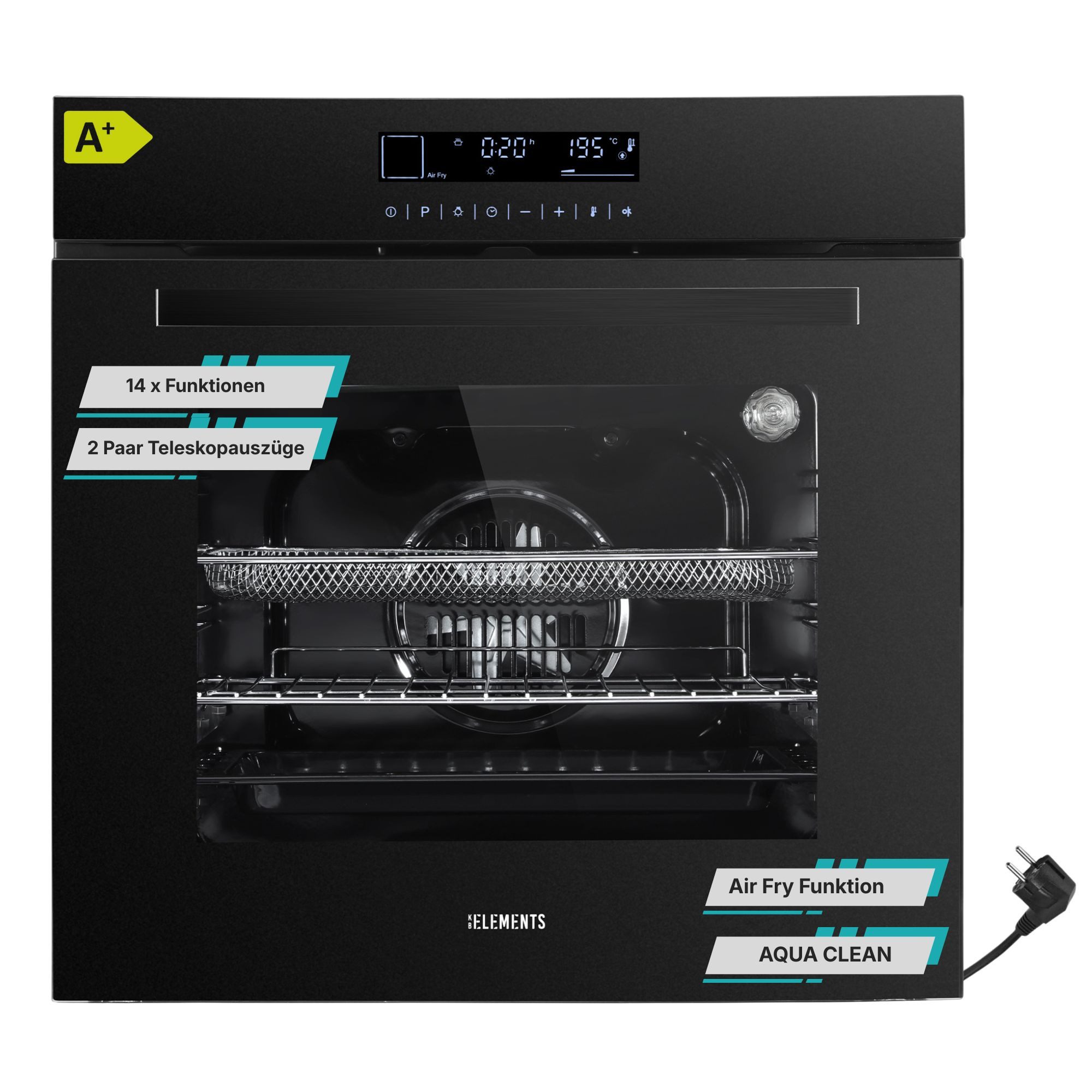 KB Elements Einbaubackofen 15 x Funktionen, Airfryer Funktion, Full Touch Display, AQUA CLEAN, mit 2-fach-Teleskopauszug, Air Fry, AQUA CLEAN,Full Touch,EEK A+