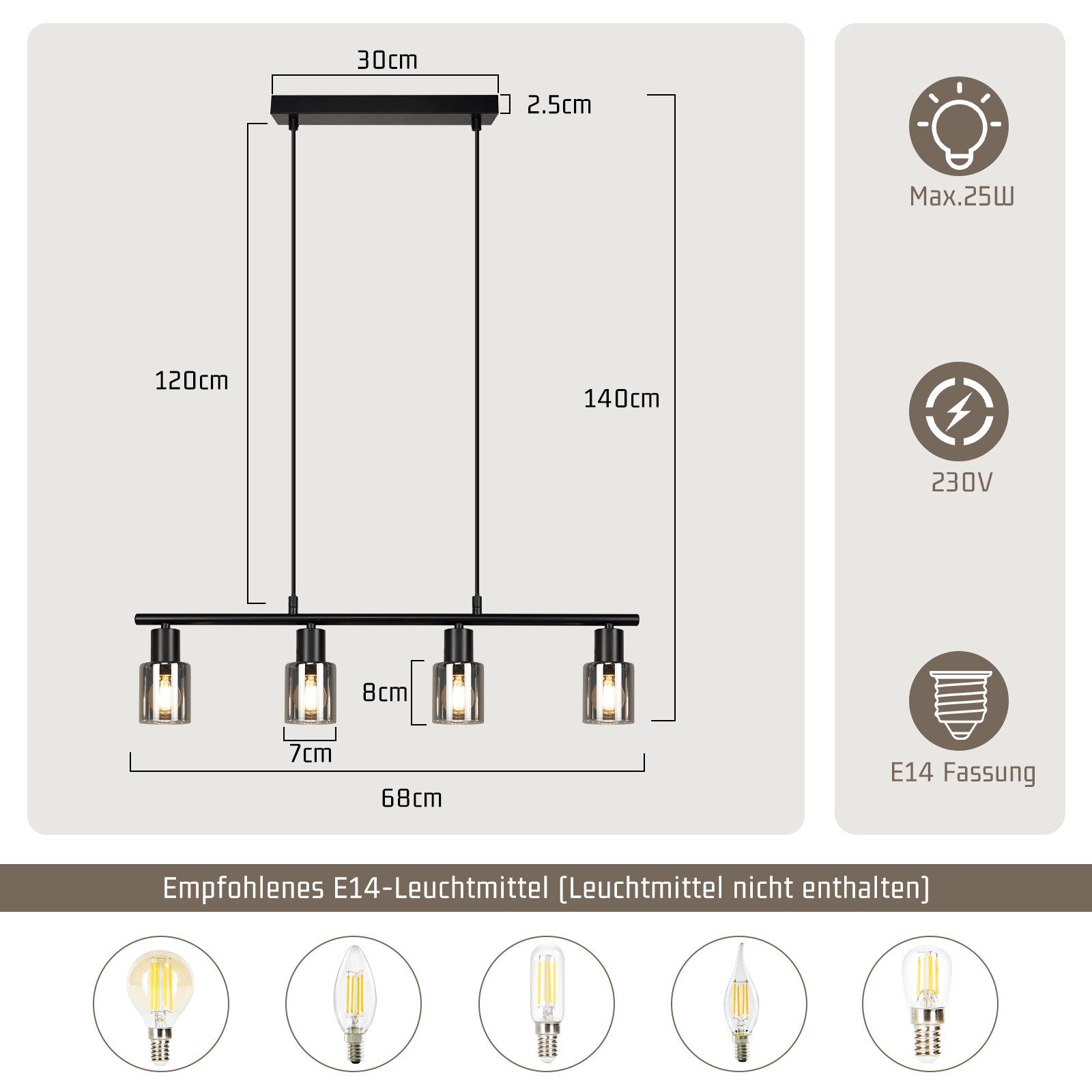 Nettlife Pendelleuchte Esstisch Vintage Schwarz Glas 4 flammig E14 industrial Hängelampe, LED wechselbar, Retro Pendellampe für Esszimmer Wohnzimmer Küche