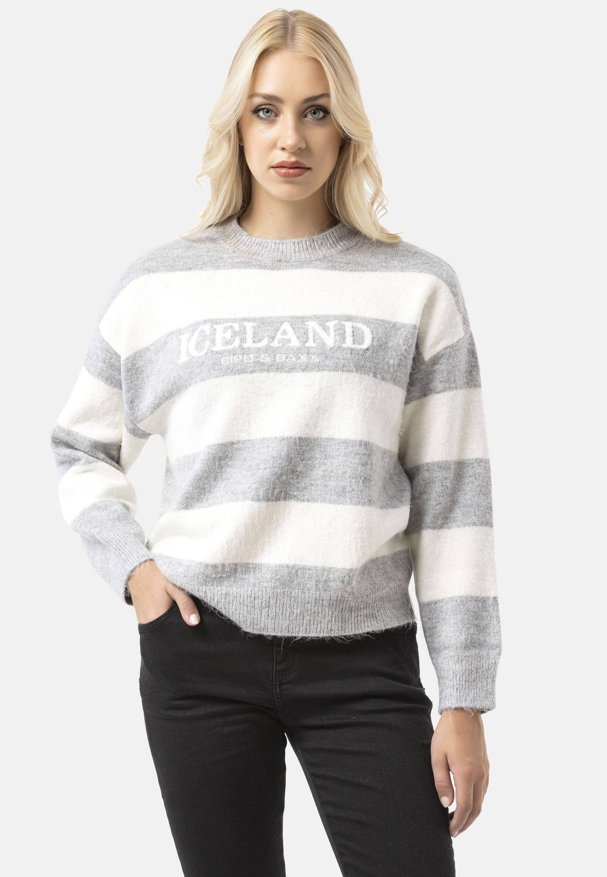 Cipo & Baxx Strickpullover WP263 (1-tlg) Streifenmuster mit Frontprint