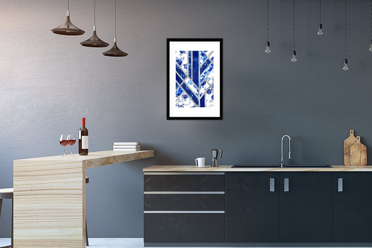 MuchoWow Poster Delfter Bilderrahmen St), - Poster, Blau (1 Luxus, Kunstdruck, mit - Design Gerahmtes Schwarzem Rahmen