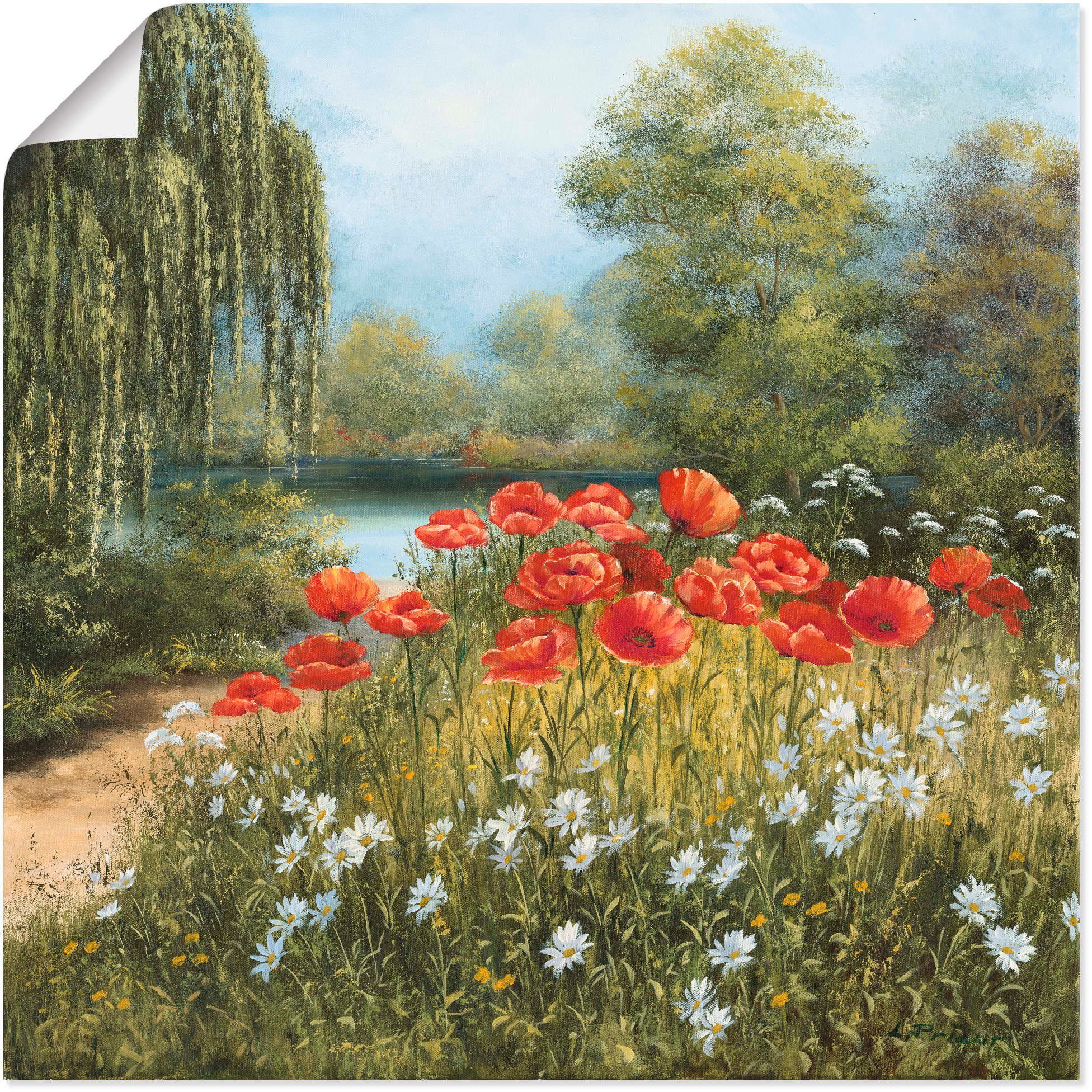 Artland Wandbild Mohnwiese am See, Blumenwiese (1 St), als Alubild, Outdoorbild, Leinwandbild, Poster in verschied. Größen