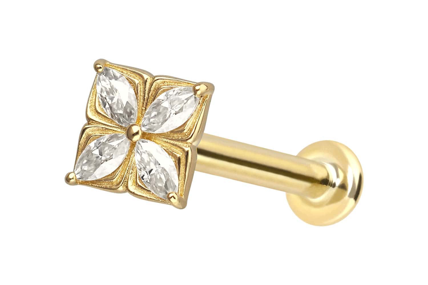 PIERCINGLINE Piercing-Set 14 Karat Gold Labret mit Innengewinde MOISSANIT-BLUME (Labrets, 1-tlg)