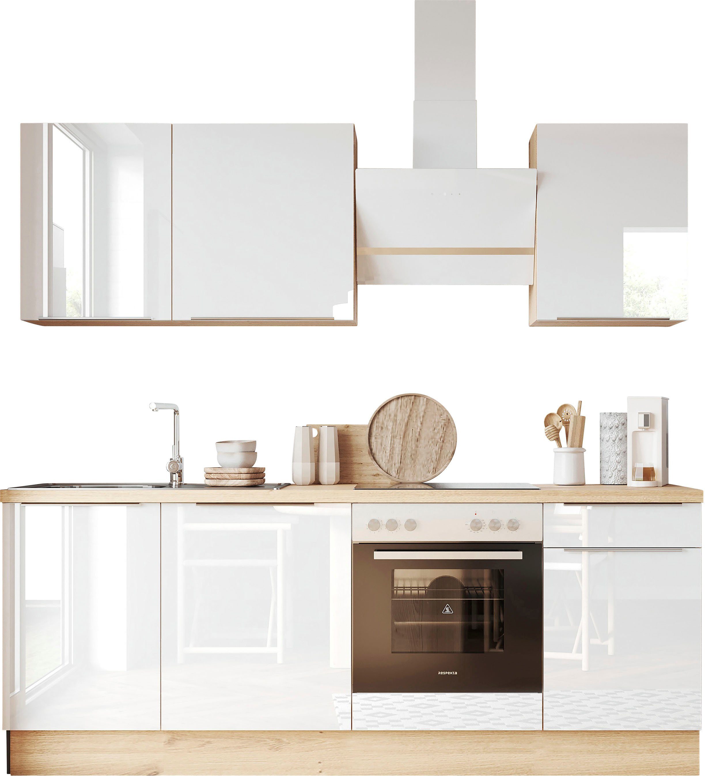 RESPEKTA Küchenzeile Safado aus der Serie Marleen, Breite 220 cm, hochwertige Ausstattung wie Soft Close Funktion Weiß Hochglanz / Artisan Eiche | Weiß Hochglanz