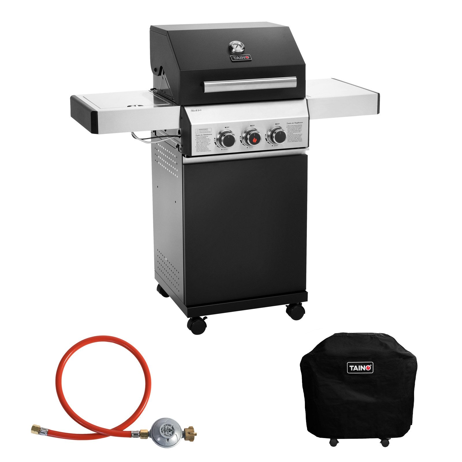 TAINO Gasgrill BLACK 2+1, Gasgrill mit Gasruckminderer inkl. Schlauch und Abdeckhaube, Gasgrillwagen, schwarz