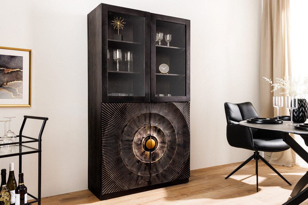 riess-ambiente Highboard GOLDEN SUNSET 180cm schwarz/gold - Mango-Massivholz, Glastür, Vitrine (Einzelartikel, 1 St), lackiert und handgefertigt - ideal für Wohn-, Ess- oder Schlafzimmer
