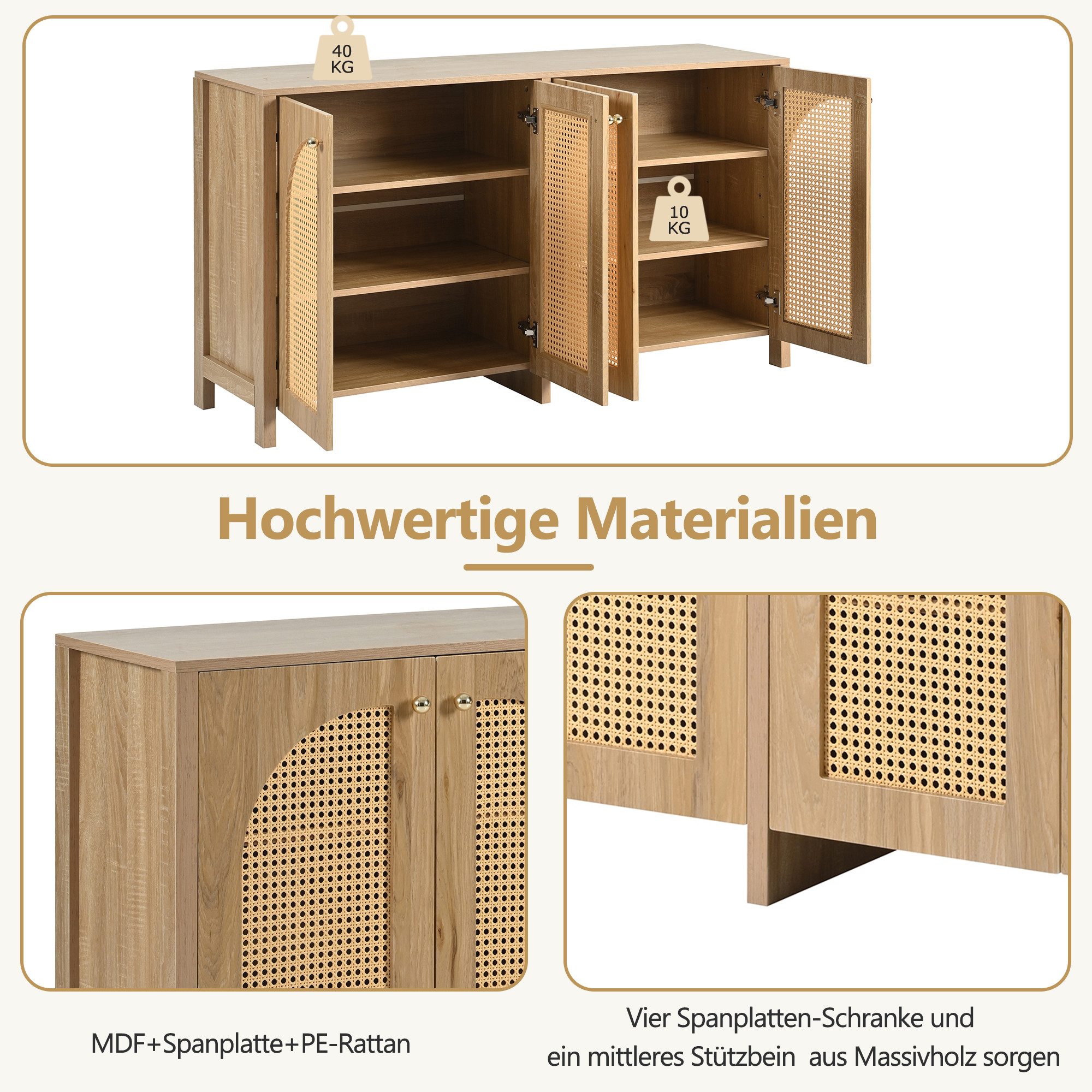 Merax Sideboard, Kommode mit verstellbaren Einlegböden,Anrichte,Rattantüren