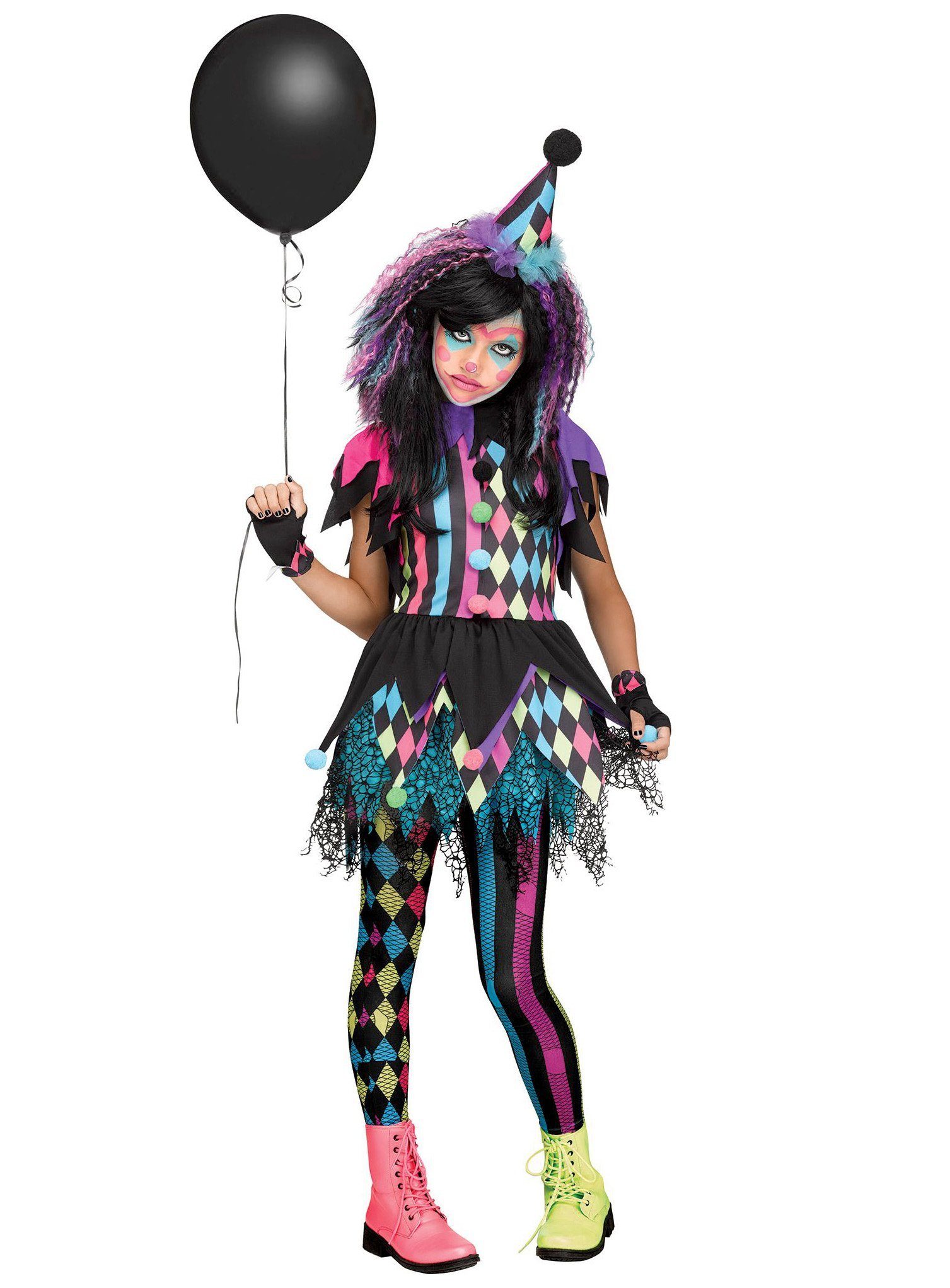 Fun World Clown-Kostüm Neon Clown Kleid - Halloween Kostüm Kinder Mädchen, Passt sowohl zu Halloween als auch zu Karneval