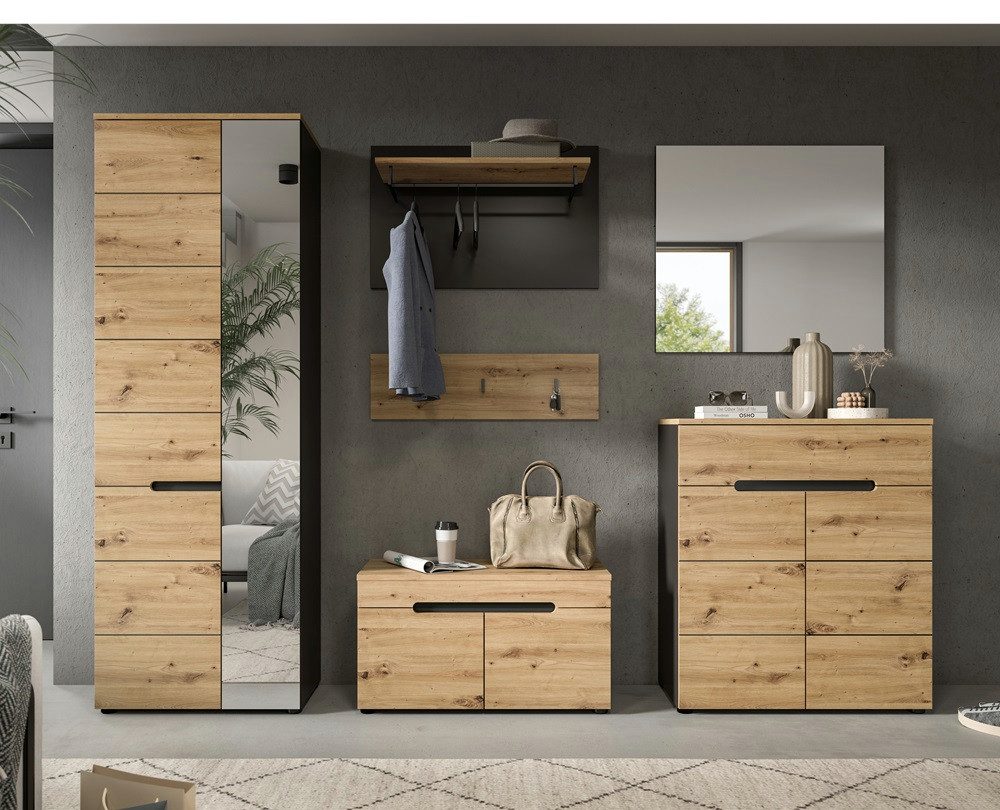 xonox.home Garderoben-Set Garderoben-Set Canu, grau / Artisan Eiche, 5-teilig ohne Sitzkissen, (5-St), Garderobenmöbel, Garderobenkombination Eiche