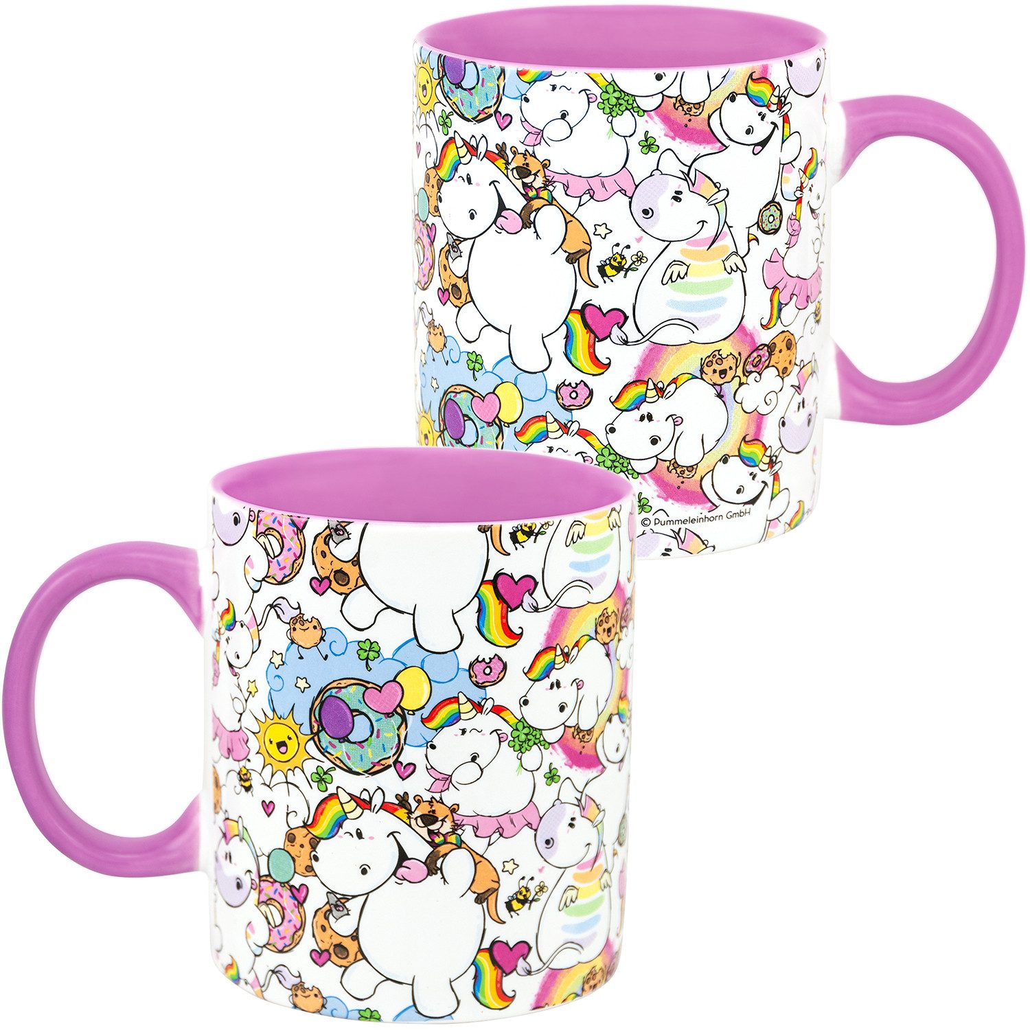 United Labels® Tasse Pummel & Friends Tasse Pummeleinhorn allover Kaffeetasse Pink 320 ml, Keramik