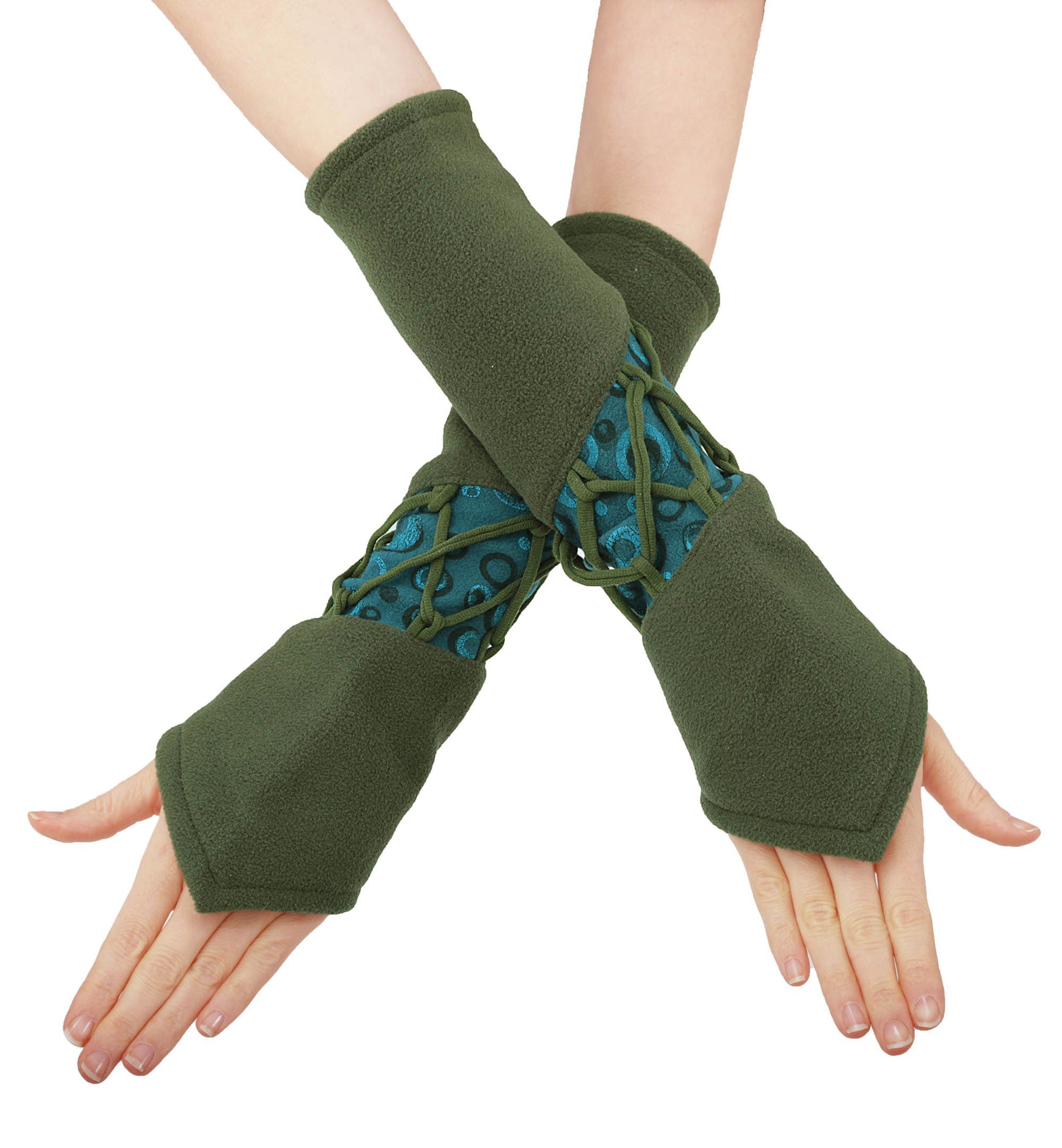 Pulswärmer (1 Paar) Grün Fleece PUREWONDER Handstulpen aus hw4 Schnürung mit Armstulpen