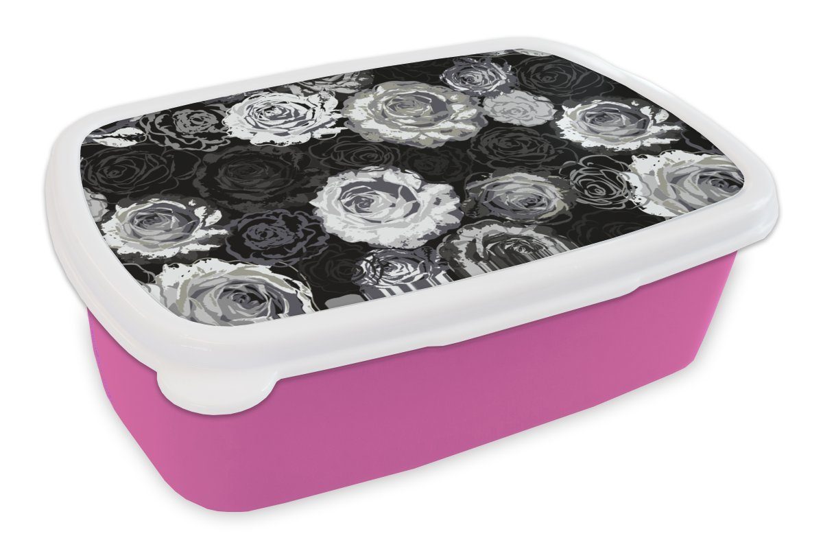 MuchoWow Lunchbox rosa - Schwarz Brotbox Kinder, Weiß - Mädchen, Erwachsene, Snackbox, Rosen Muster, und für Brotdose (2-tlg), Kunststoff, Kunststoff