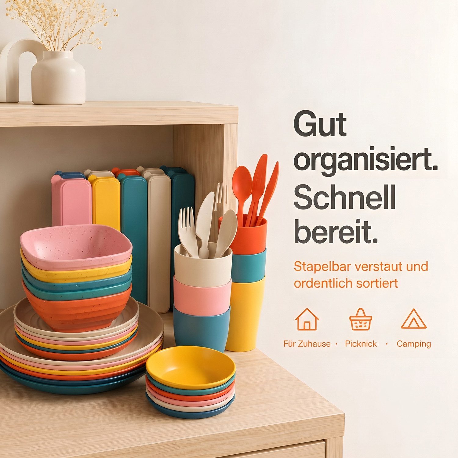 SURFOU Kombiservice Geschirr-Set 54 Teiliges Unzerbrechliches Wiederverwendbar Camping (54-tlg), für 6 Personen Plastikgeschirr Picknick Leicht Bunt Grill Kunst – Bild 5 von 5