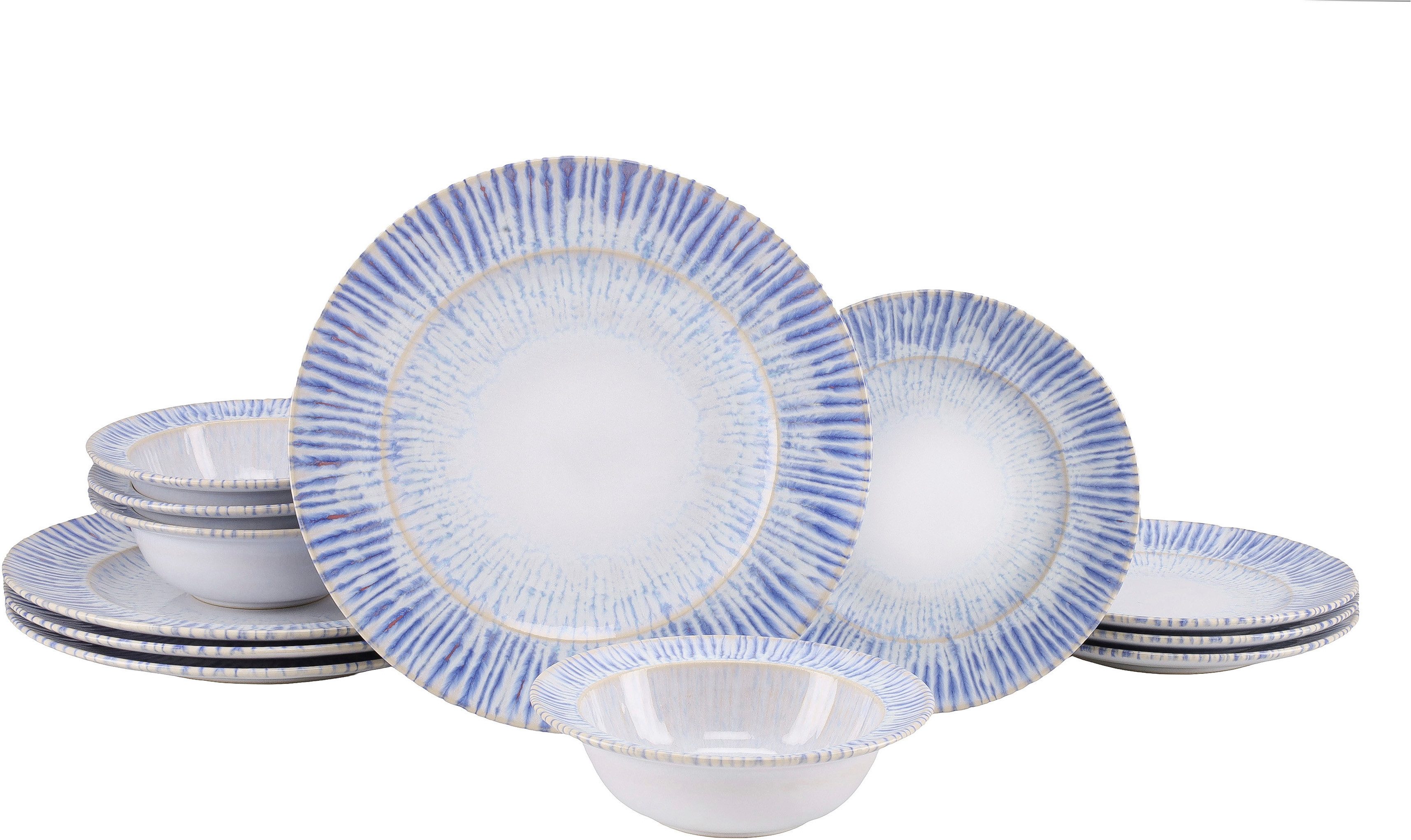 CreaTable Teller-Set Rondo Summertime Blau, Teller Set 12-tlg (12-tlg), 4 Personen, Steinzeug, Maritim, Reaktivglasur
