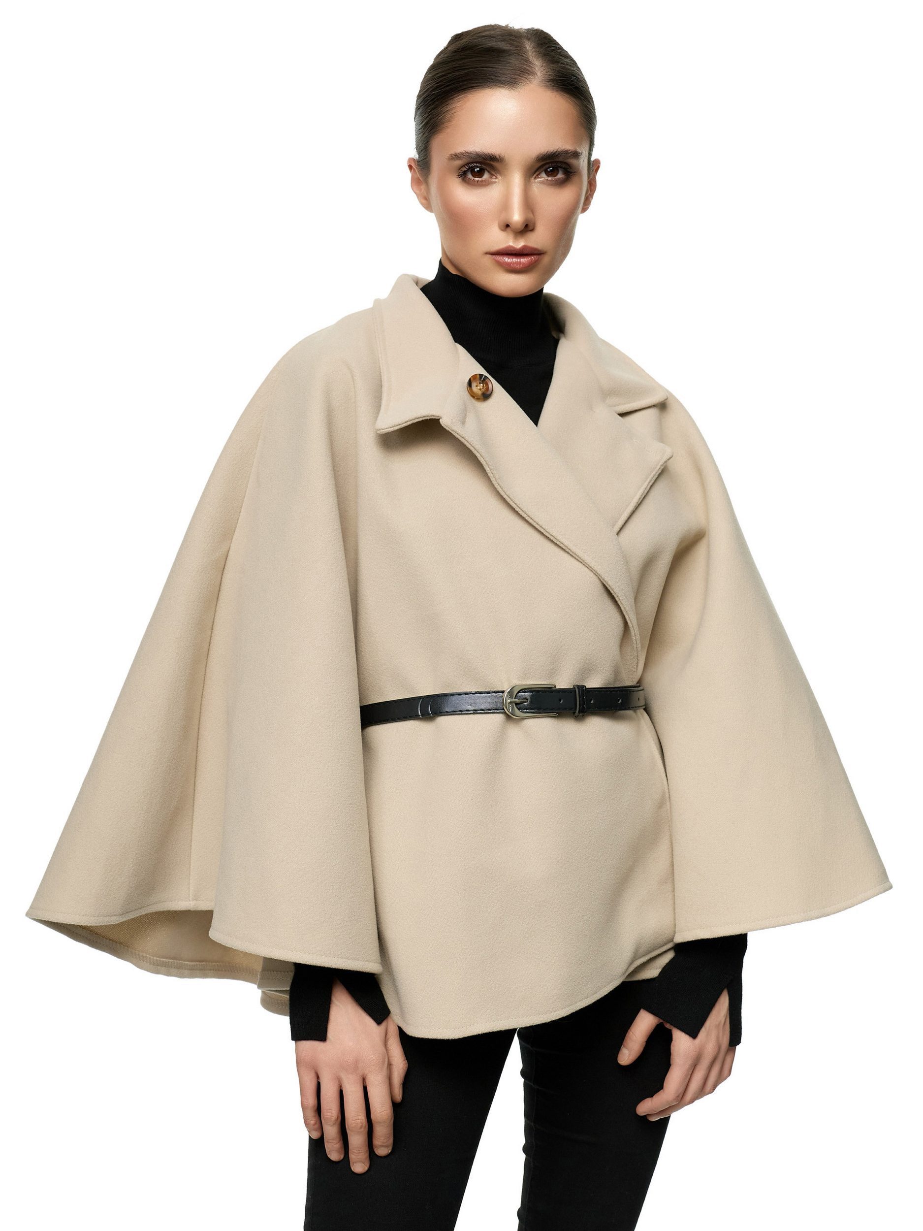 Worldclassca Poncho Worldclassca Poncho Crop Jacke Elegant Umhang Stehkragen mit Gürtel Neue Kollektion - Stilvolle und gemütliche Mode für Damen