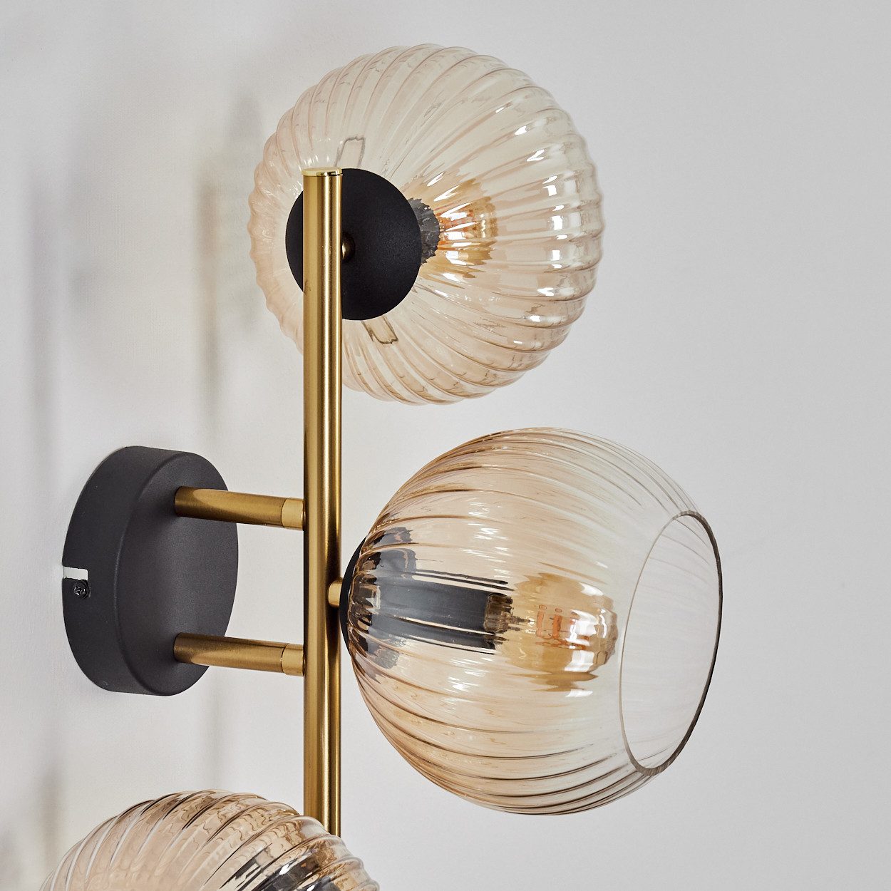 hofstein Wandleuchte Wandlampe aus Metall/Riffelglas in Schwarz/Gold/Bernstein/Klar, moderne Wandleuchte im Retro/Vintage-Design (Schirme 15 cm), E14