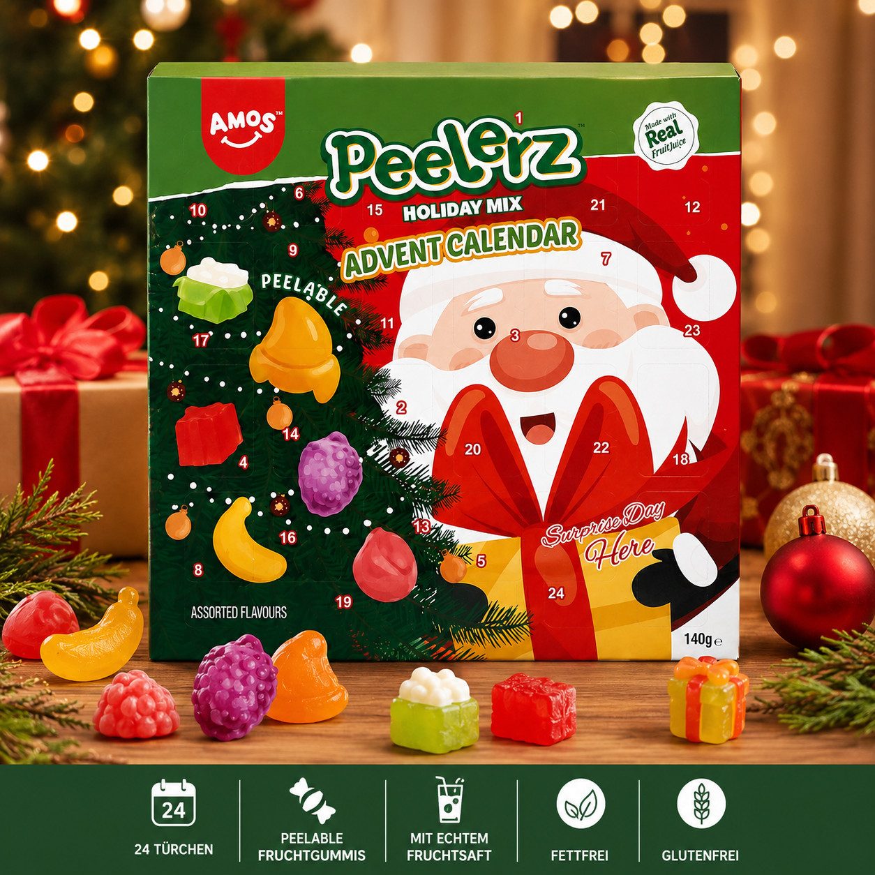 AMOS Lebensmittel-Adventskalender AMOS Peelerz Adventskalender – Fruchtgummi-Weihnachtskalender, 140 g