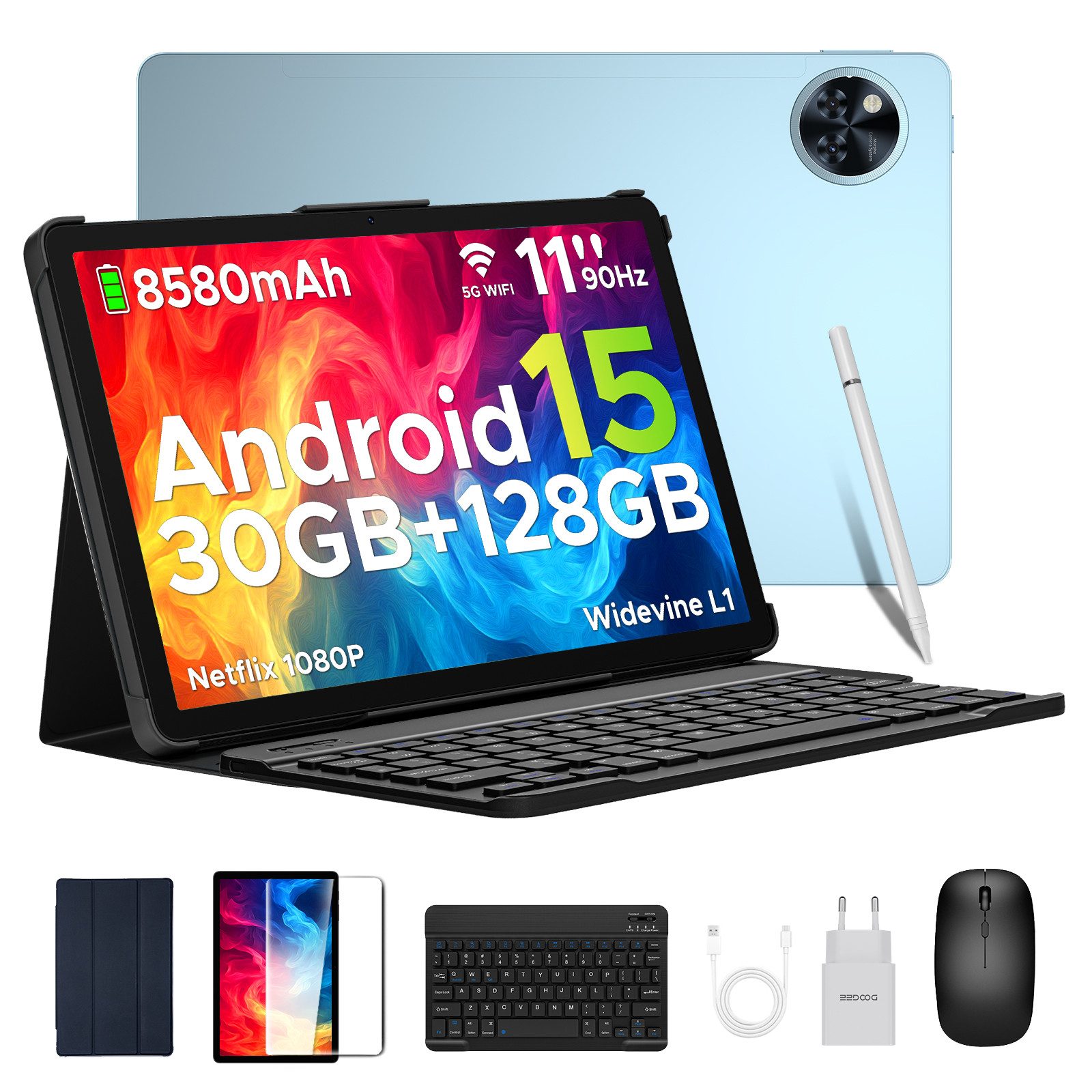 DOOGEE U11 Pro Android 15 Tablet mit Tastatur, Stift, Maus, Hülle, 11 Zoll Tablet (11", 256 GB, Android 15, WIFI, 8580mAh, 90Hz, 13MP+5MP, 5G WiFi/Widevine L1/ GPS/Face ID/OTG)