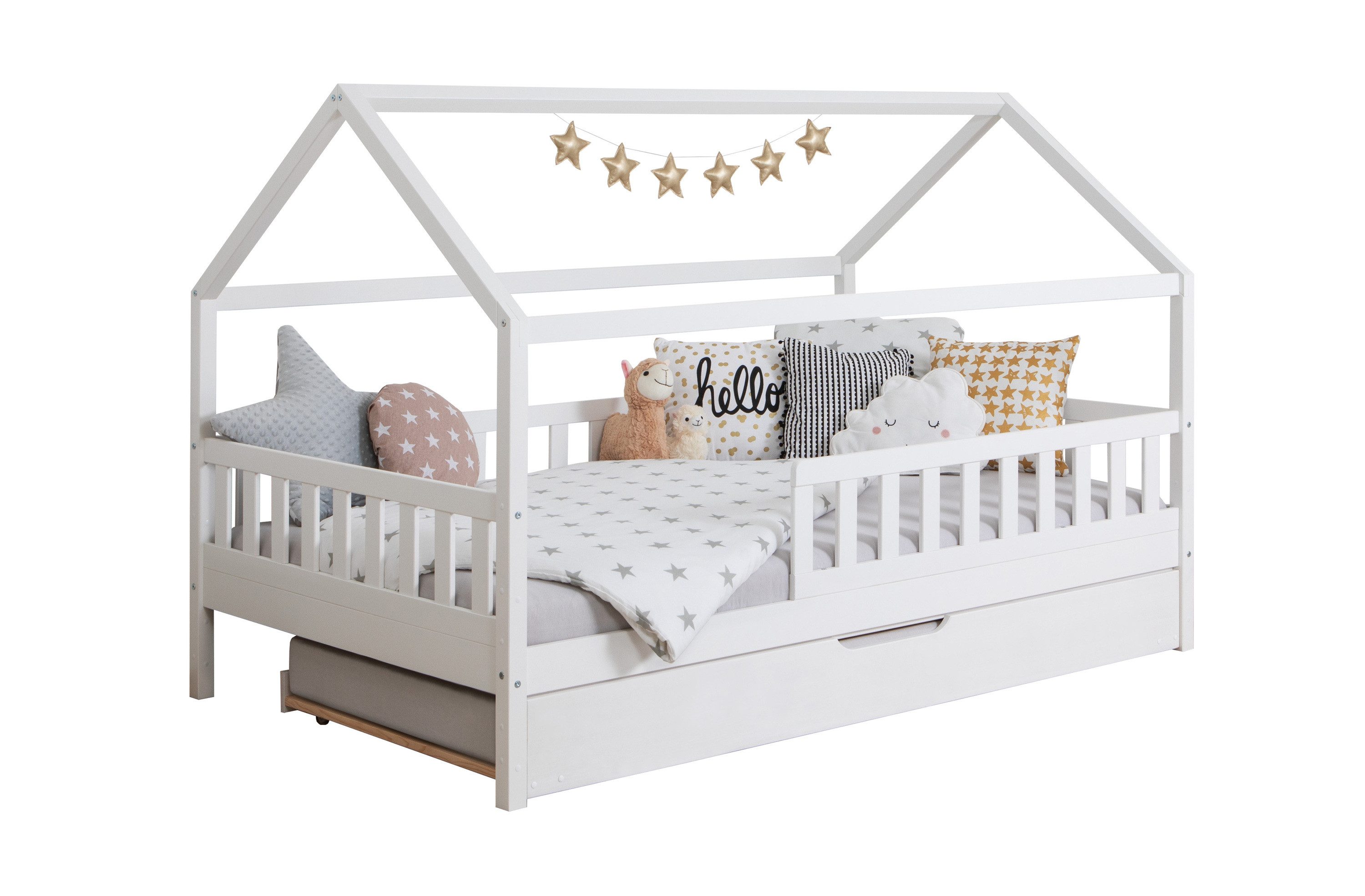 Ticaa Hausbett Kay mit Rausfallschutz und Zusatzbett aus Kiefer, Kinderbett günstig online kaufen