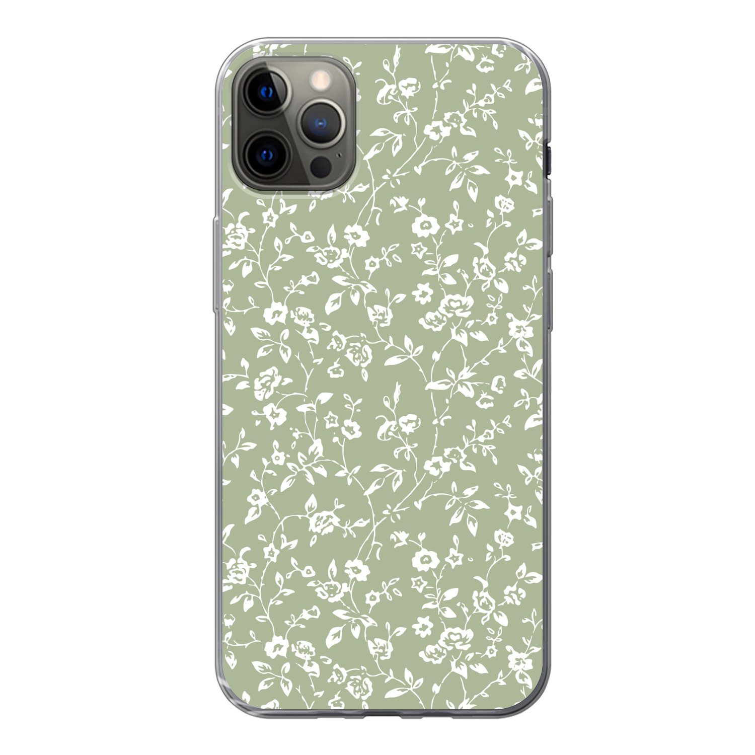MuchoWow Handyhülle für Apple iPhone 13 Pro Max Blumen - Druck - Grün - Weiß, Smartphone-Bumper, Print, Handy Schutzhülle Dünn