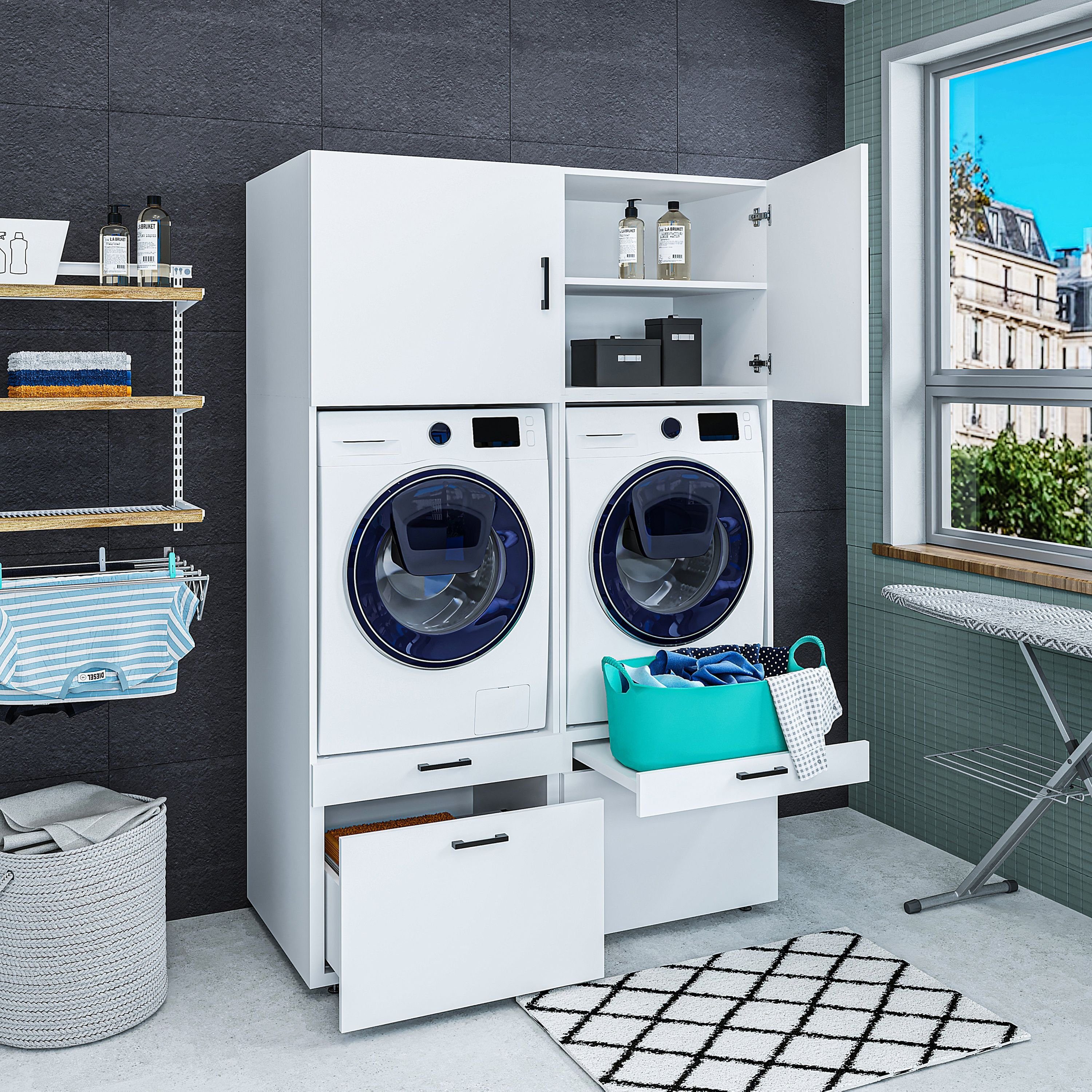 Waschmaschine weiß (Überbauschrank | für Roomart Weiß Waschturm Waschmaschinenumbauschrank Mehrzweckschrank) Trockner