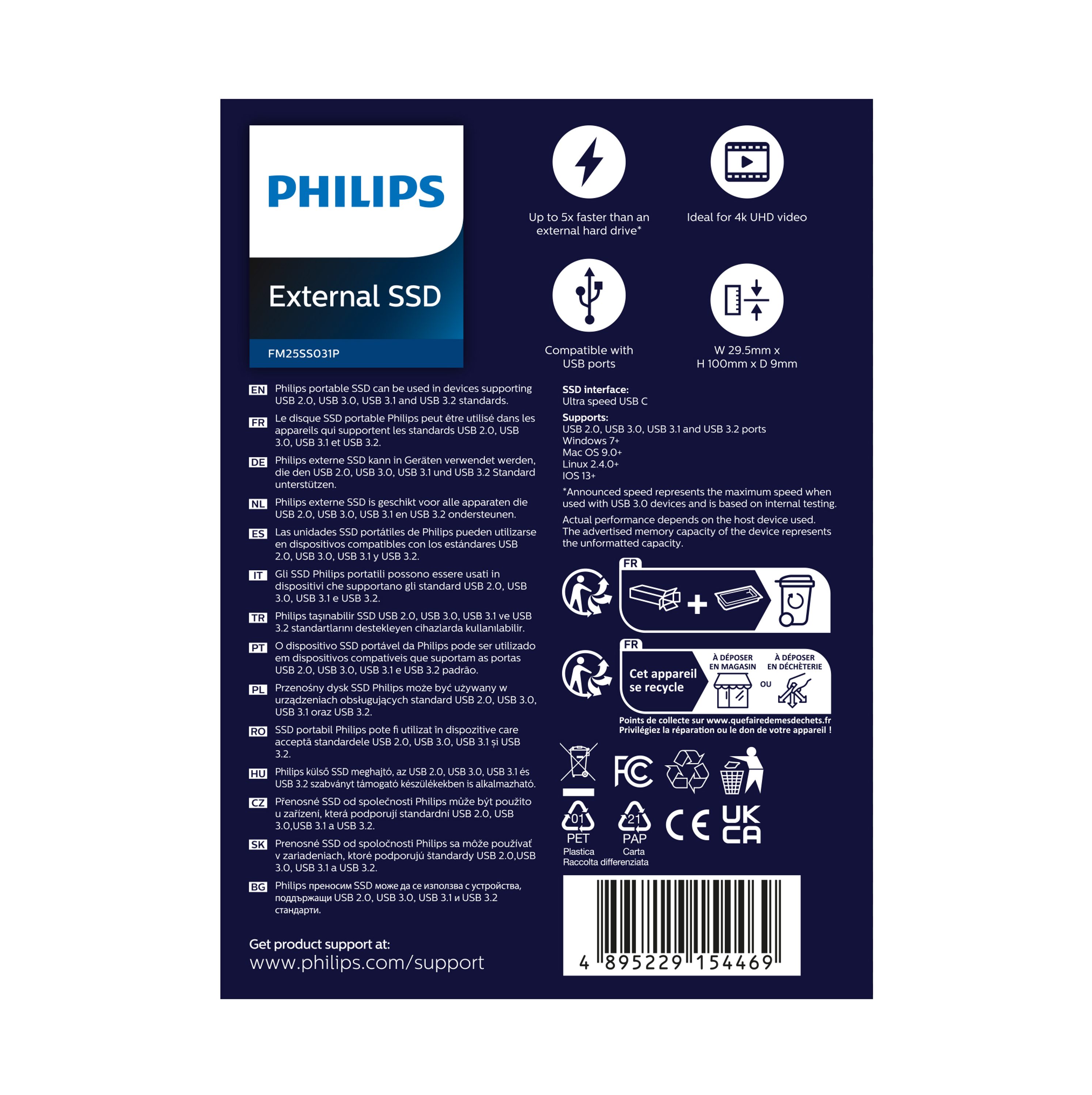 Philips Portable SSD 250 GB, FM25SS031P/00 externe SSD (250GB) 540 MB/S Lesegeschwindigkeit, 520 MB/S Schreibgeschwindigkeit, Ultra Speed USB-C 3.2, Space Grey, Aluminium