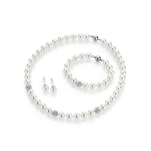 Firetti Schmuckset Multipack Schmuck Geschenk Perlenkette Perlenarmband Perlohrhaken (Set, 4-tlg), mit Muschelkernperlen und Kristallsteinen