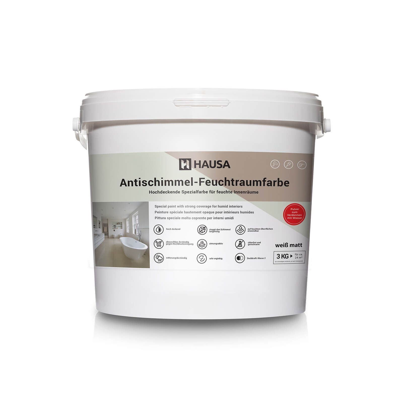 Hausa Feuchtraumfarbe Anti Schimmel Farbe weiß, Feuchtraum Wandfarbe hochdeckende Spezialfarbe für Keller Bad 3 kg