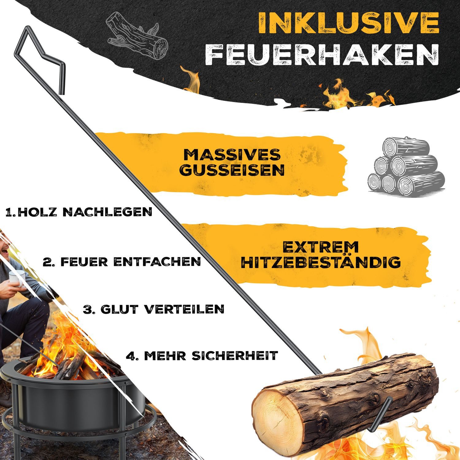 KESSER fire bowl Ø65cm, fire pit made of cold-finished steel with 0.6mm steel thickness, (fire basket including grill grate, cast iron fire hook, brush & cover), fire barrel with wheel & locking brake, campfire with wood & charcoal