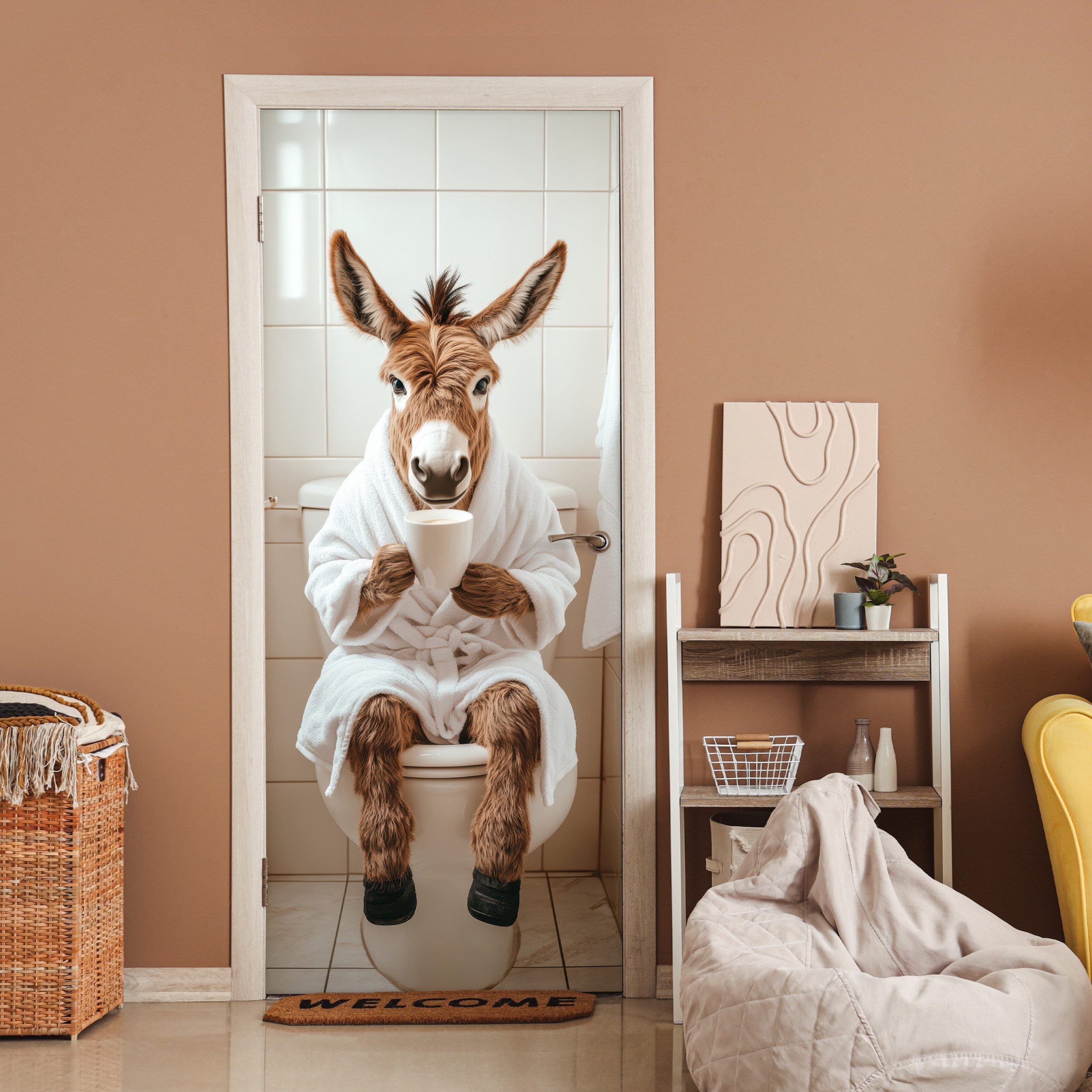 MuchoWow Türtapete Esel - WC - Lustig - Bademantel - Tier, Matt, bedruckt, günstig online kaufen