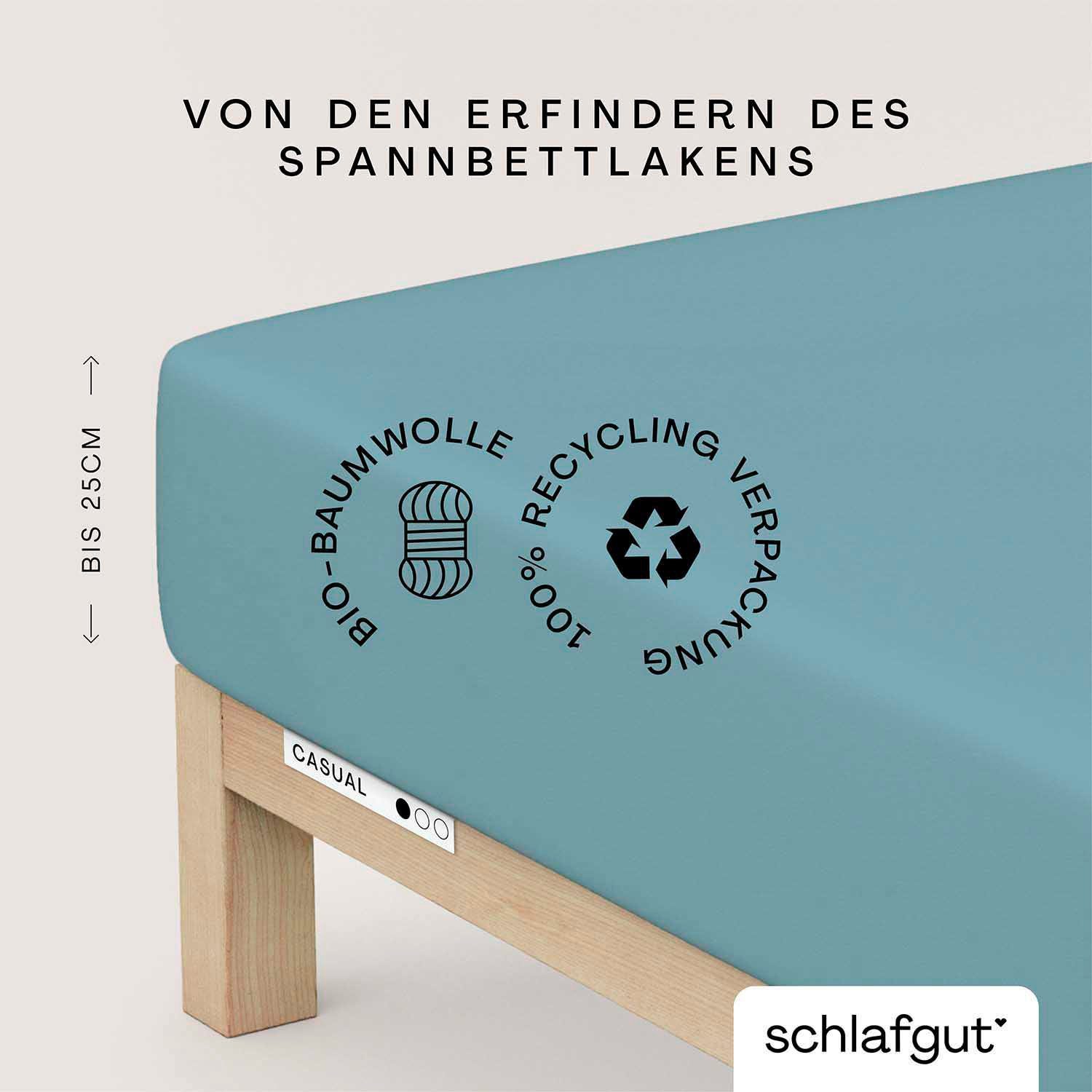 Schlafgut Spannbettlaken CASUAL Bettlaken 100% gekämmte Bio-Baumwolle, 150 g/m², Spannbetttuch, Jersey, Gummizug: rundum, (1 Stück), Bettlaken bis 25 cm Höhe, langlebig, weich, Antipilling-Ausrüstung