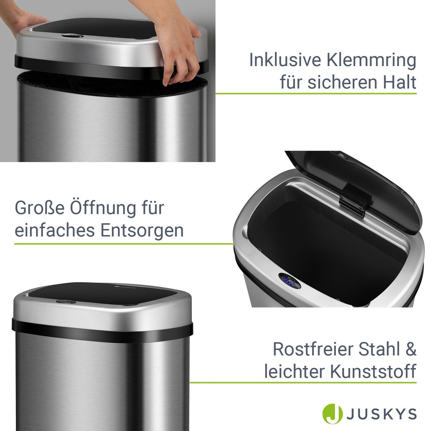 geräuscharm batteriebetrieben, Juskys intelligenter Sensor, Silber rostfrei, 50 L, Mülleimer,