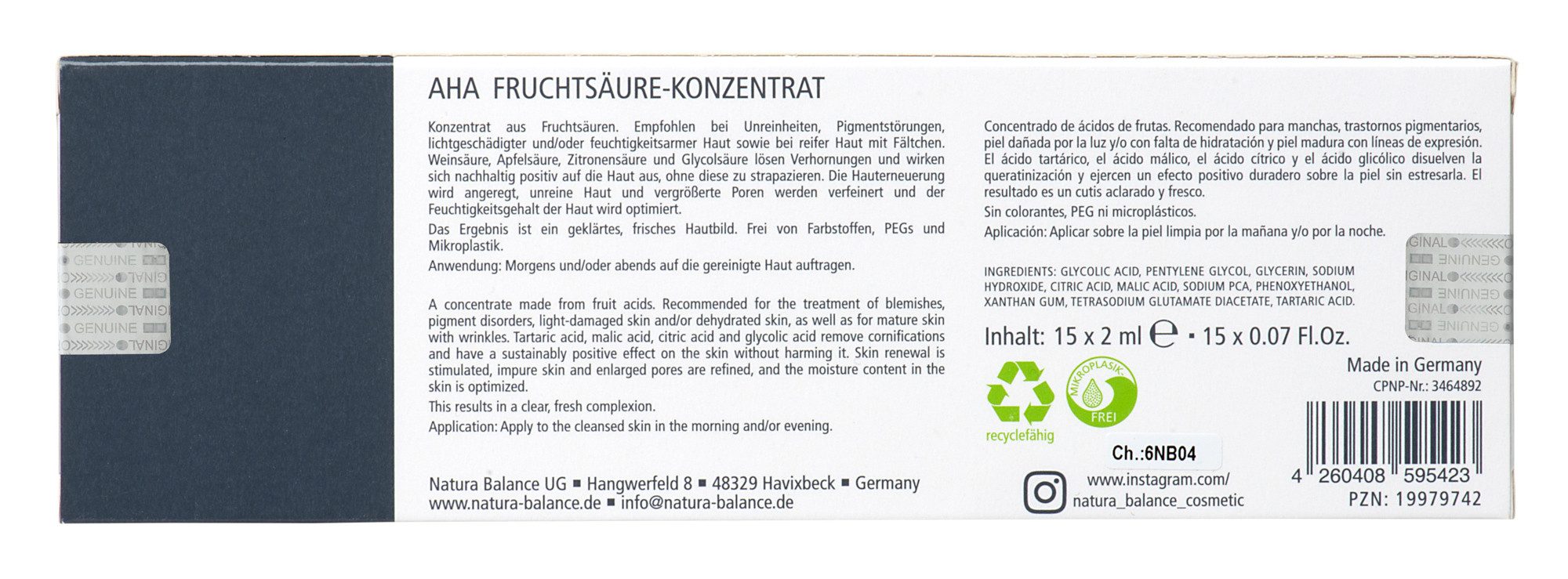 Natura Balance Nachtcreme 15x 2 ml Ampullen Konzentrat aus AHA Fruchtsäuren Serum, 30ml