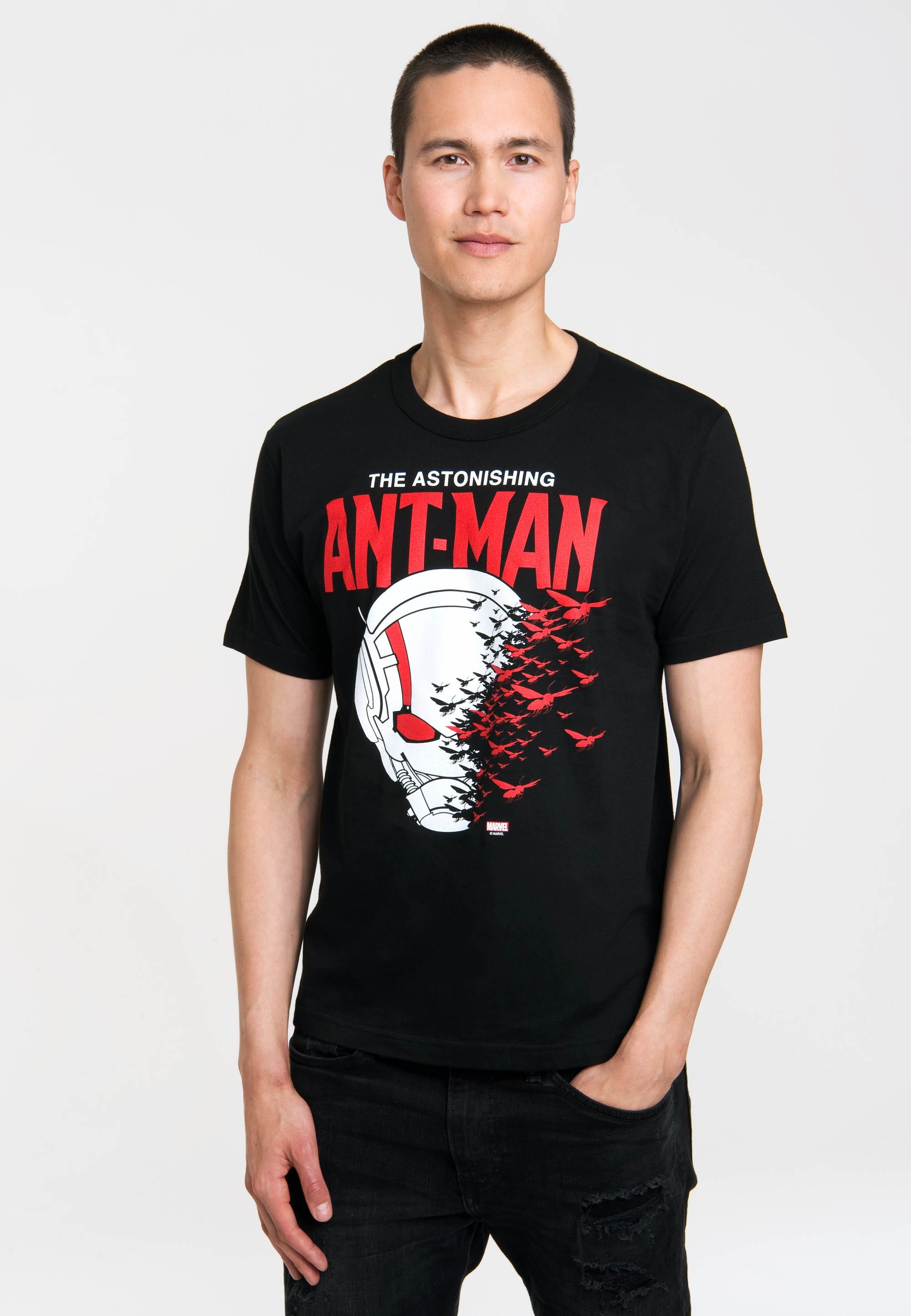 - Ant-Man Comics Aus LOGOSHIRT Marvel großem für formbeständiger mit Komfor hochwertiger, T-Shirt Baumwolle Print, hohen