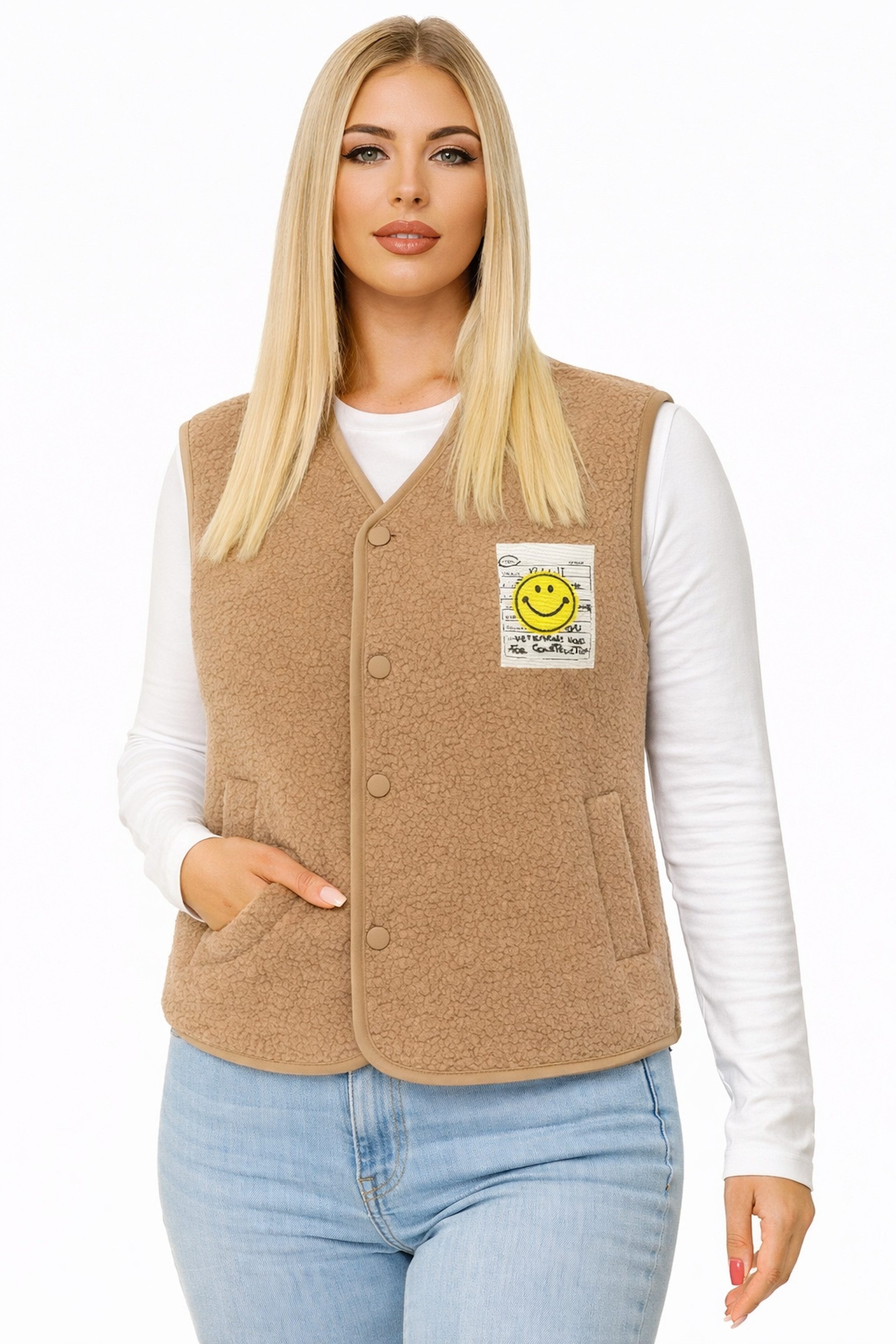 Worldclassca Fellimitatweste Worldclassca Teddy Weste Smiley Kuschelig Kurz Herbst Winter Ärmellos Neue Kollektion - Stilvolle und gemütliche Mode für Damen