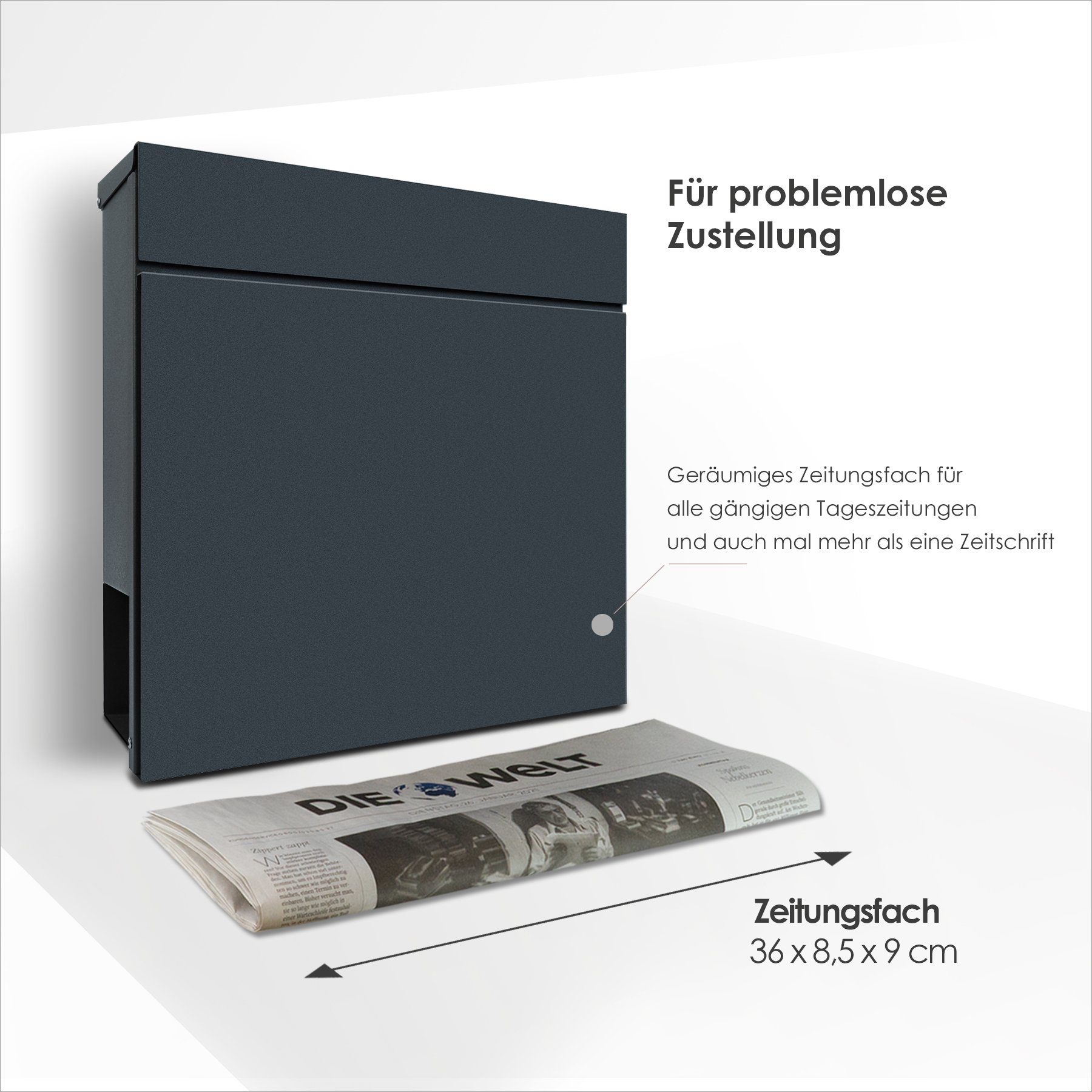 anthrazit, Briefkasten Briefkasten mit Box MOCAVI Zeitungsfach 713 integriert MOCAVI