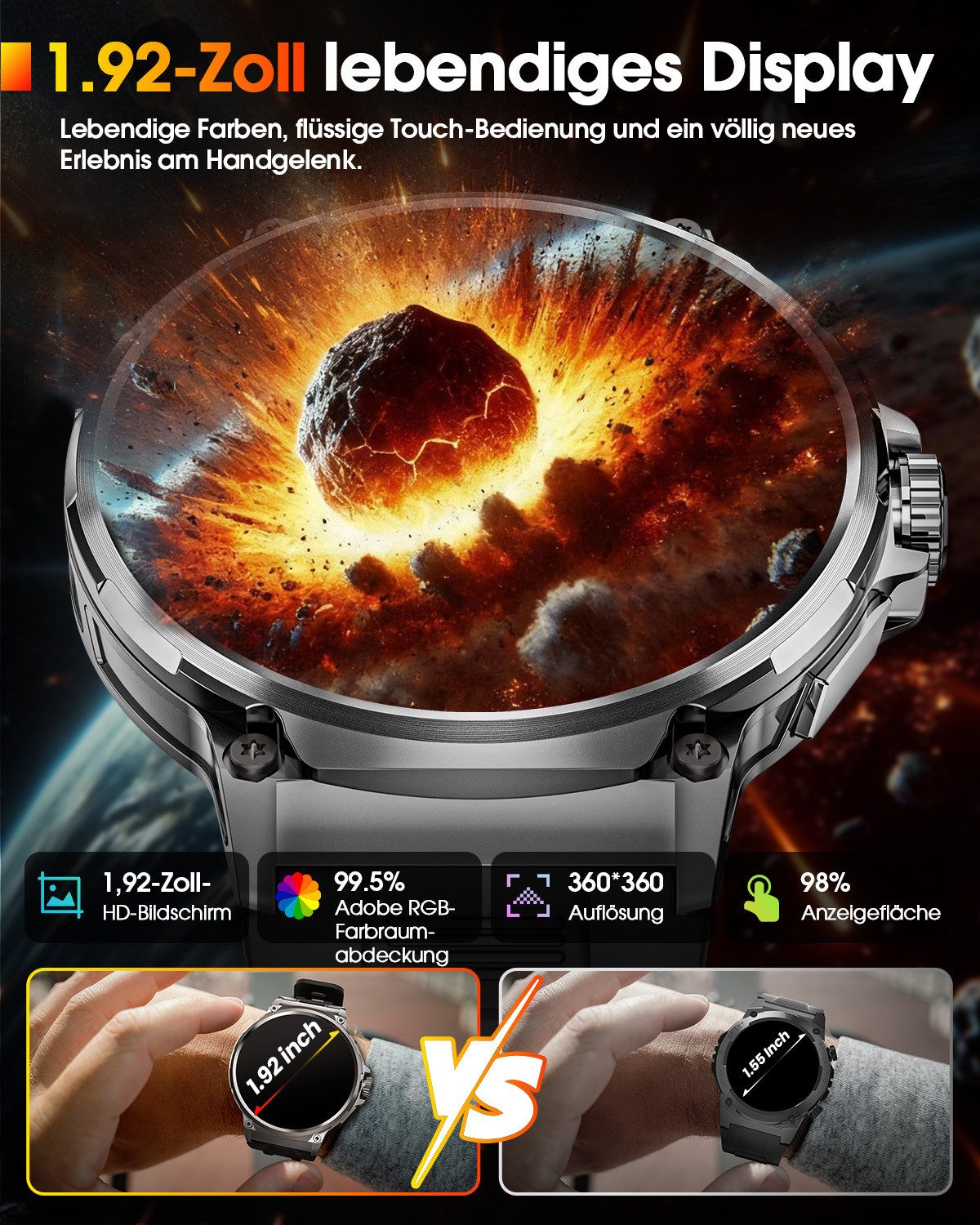 FOSMET 2026 1200-mAh-Akku,Smartwatch Herren Militärqualität,60 Tage Standby Smartwatch, Mit Herzfrequenz,SpO2 und Schlaf,Blutdruckmessung,1.92''AMOLED-Display schwarz