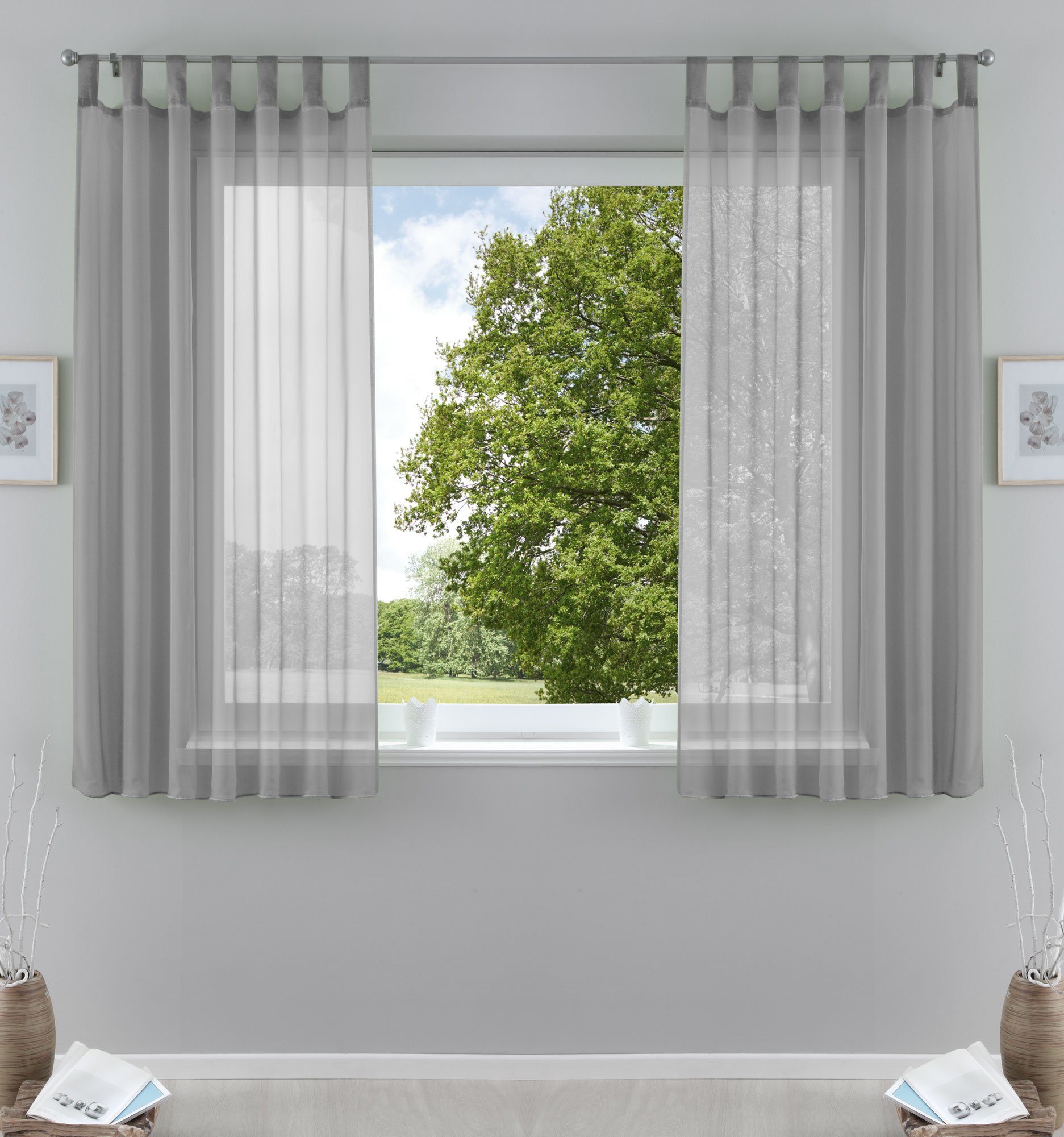 Gardine, Gardinenbox, Schlaufe (2 Set Vorhang St), Bleibandabschluss Grau Höhen Transparent verschiedene transparent, Voile 61000CN