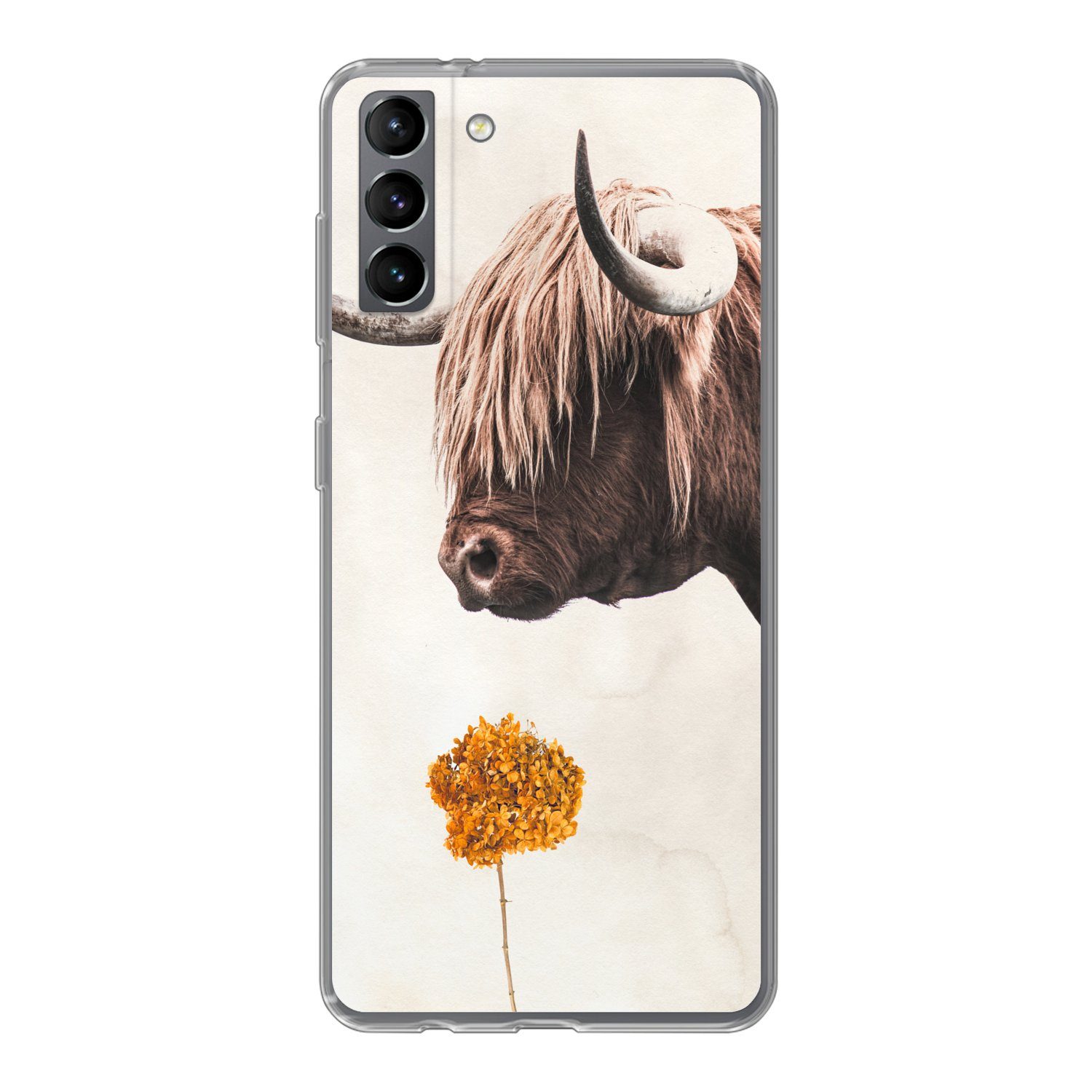 MuchoWow Handyhülle für Samsung Galaxy S21 Plus Schottischer Highlander - Vintage - Blume, Phone Case, Silikon, Schutzhülle Dünn