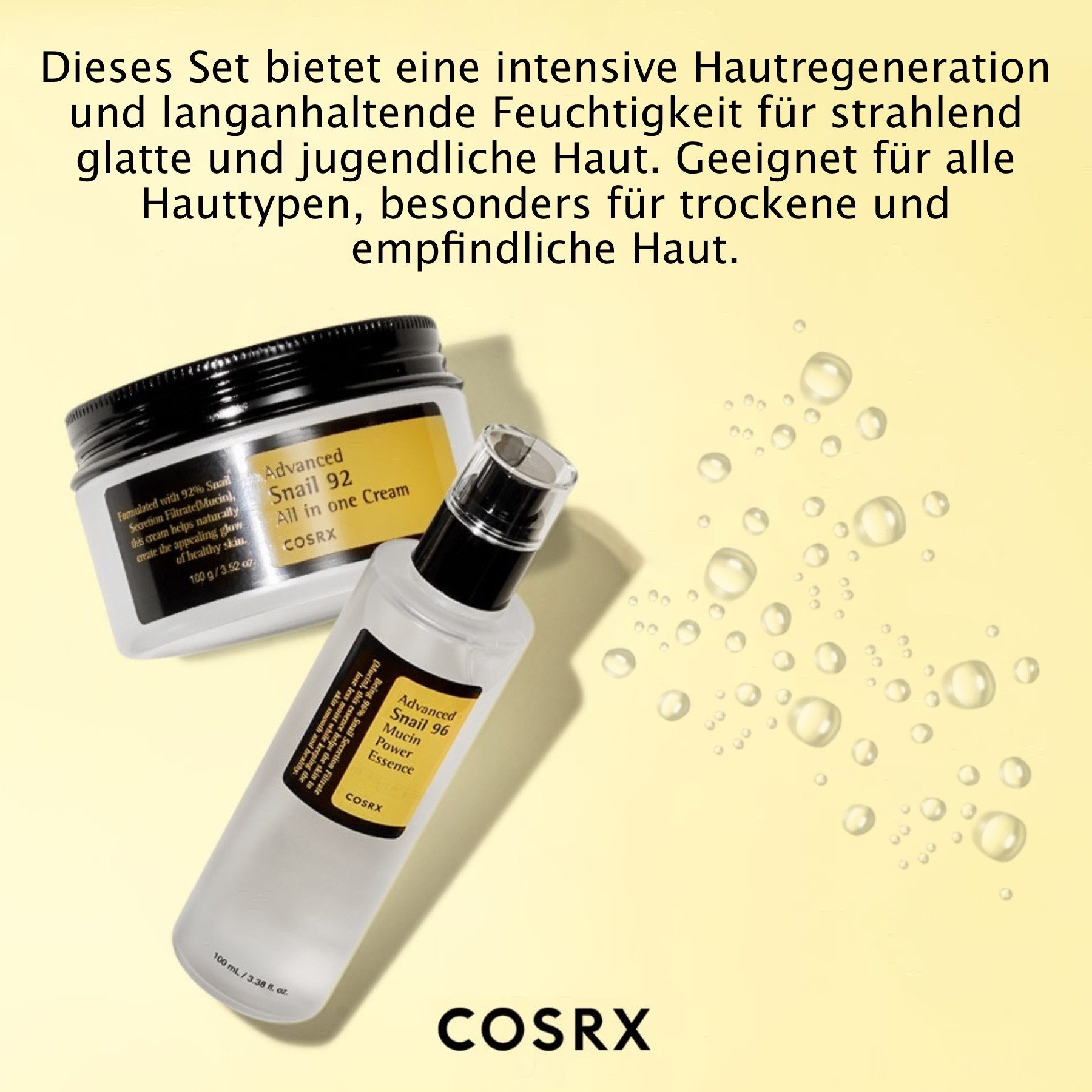 Cosrx Hautpflege-Set Advanced Snail Set: 92 All In One Cream + 96 Mucin Power Essence, 2-tlg., Feuchtigkeitscreme, Straffung, Stresslinderung