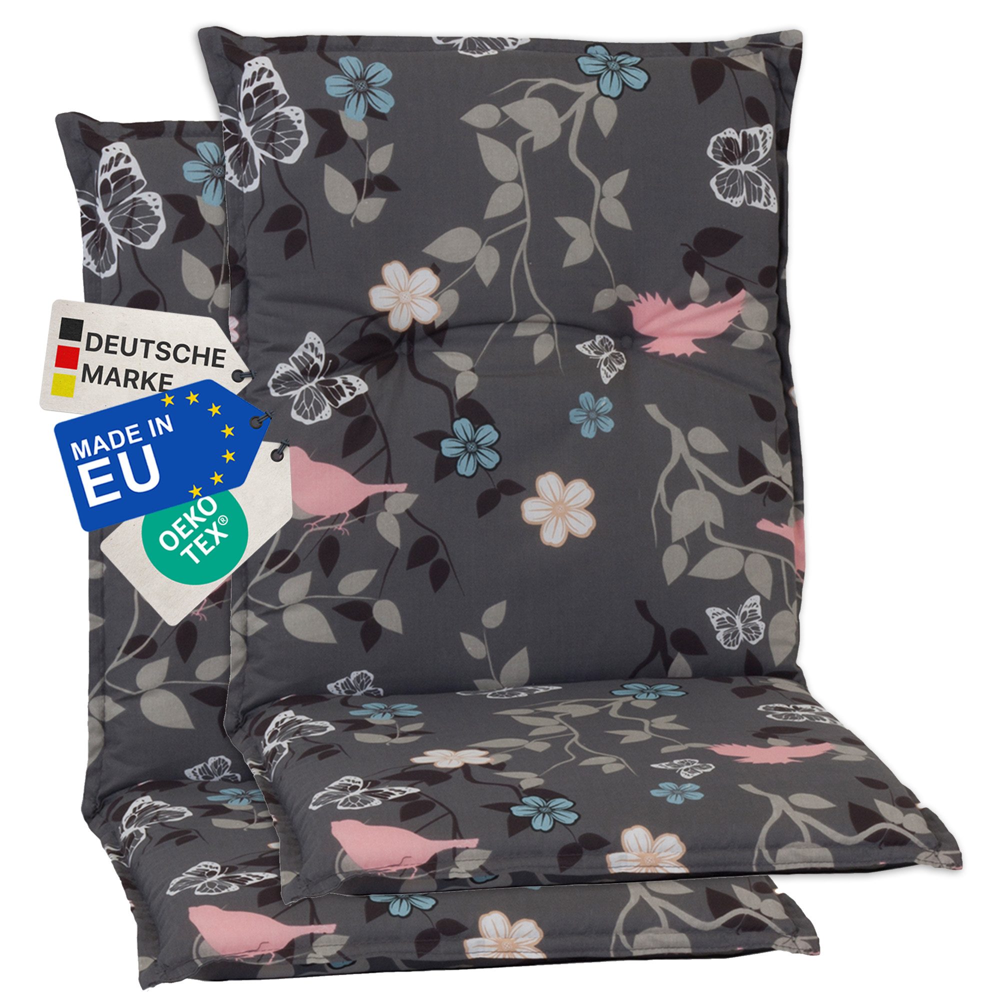 NYVI Sitzauflage Niedriglehner Auflagen 2er Set Barcelona Gartenstuhlauflagen 100x50cm, (2 St), Niederlehner Stuhlauflage Sitzauflage mit Halteband Blumen Floral