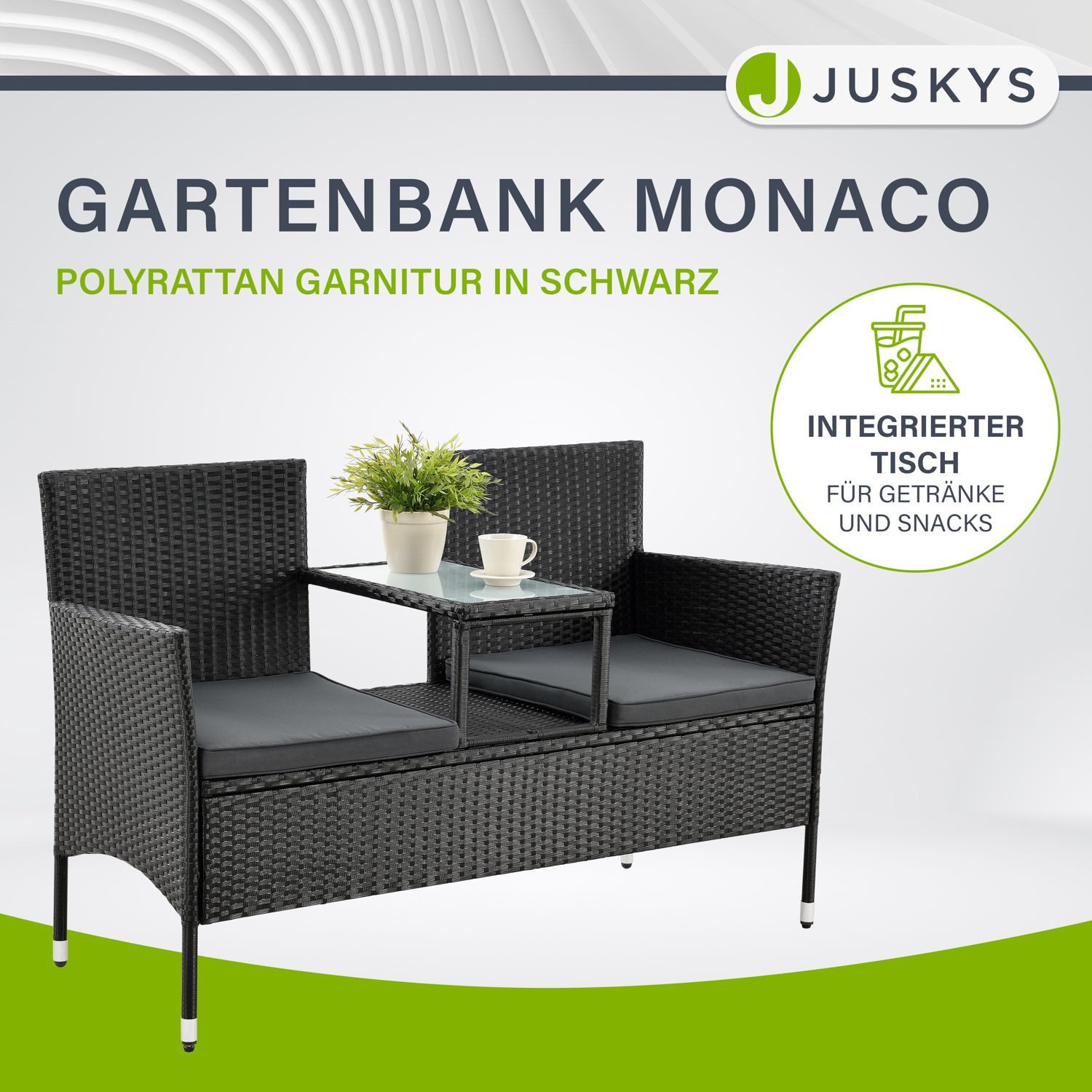 Juskys Balkonset Monaco, Balkonmöbel in Rattan-Optik, Polyrattan 2-Sitzer mit Tisch & Kissen