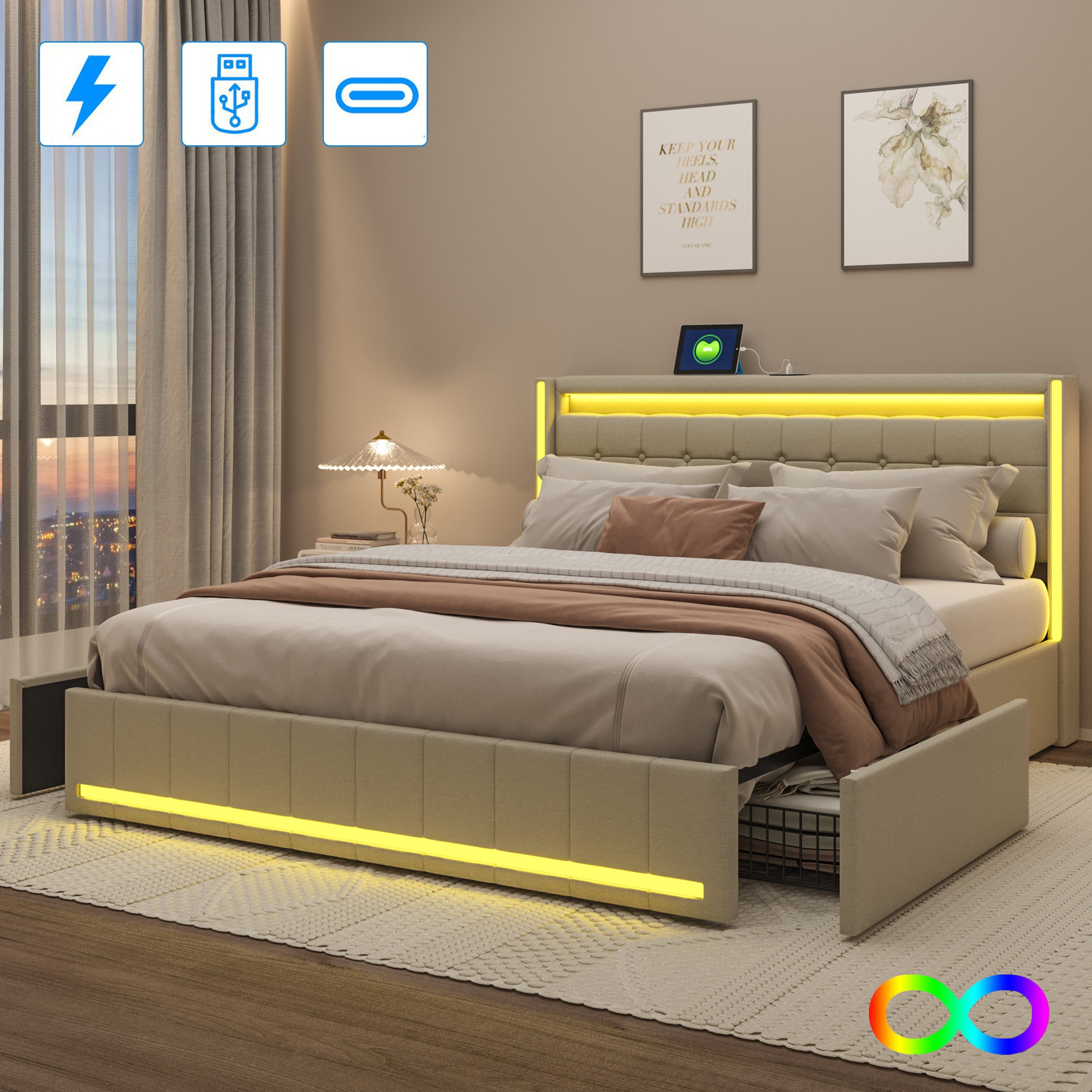 PXloue Polsterbett LED Doppelbett (Inklusive USB-Typ-C-Ladeanschluss), günstig online kaufen