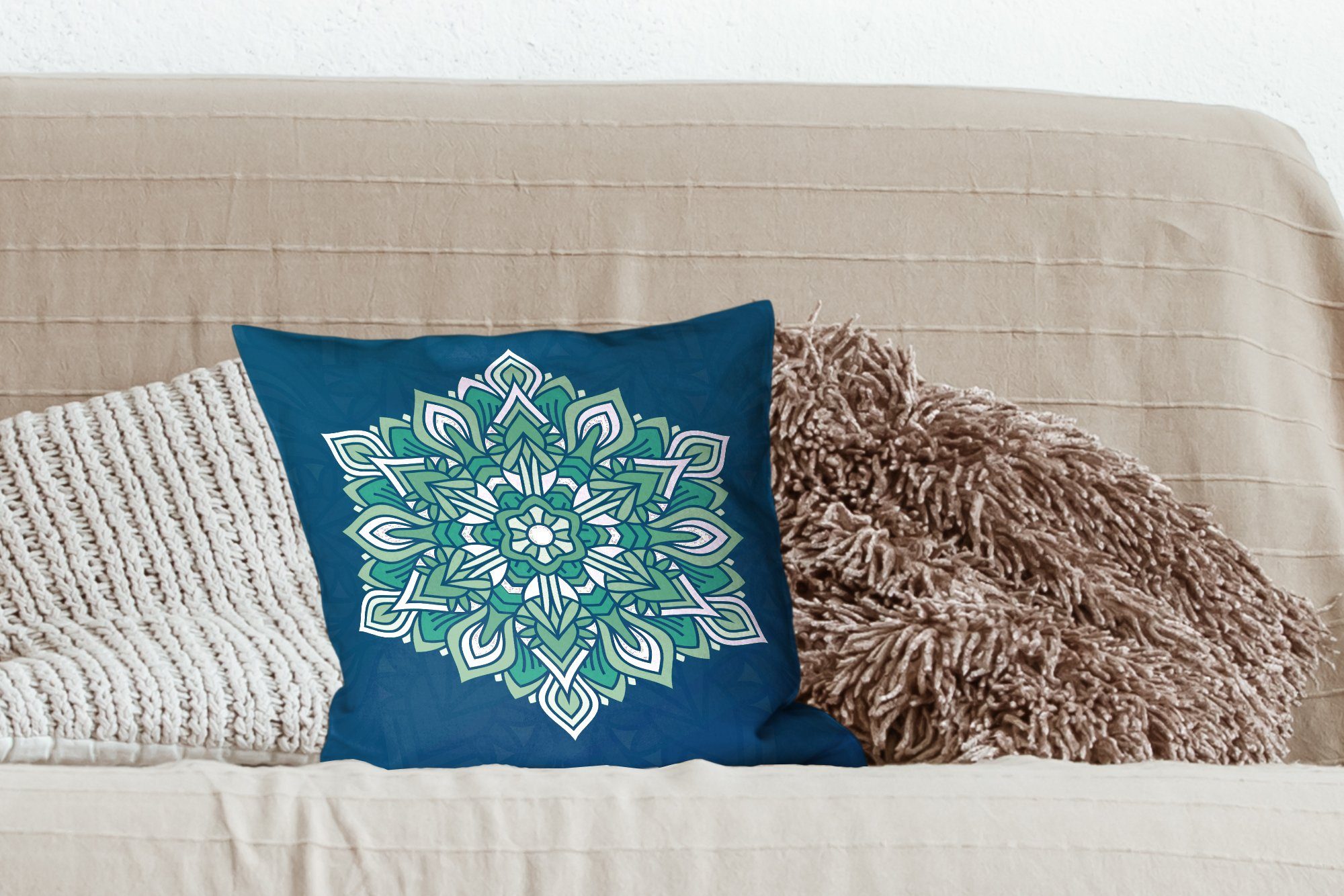 MuchoWow Dekokissen Mandala abstrakt Schlafzimmer, Sofakissen für Zierkissen grün, mit Wohzimmer, Füllung Deko
