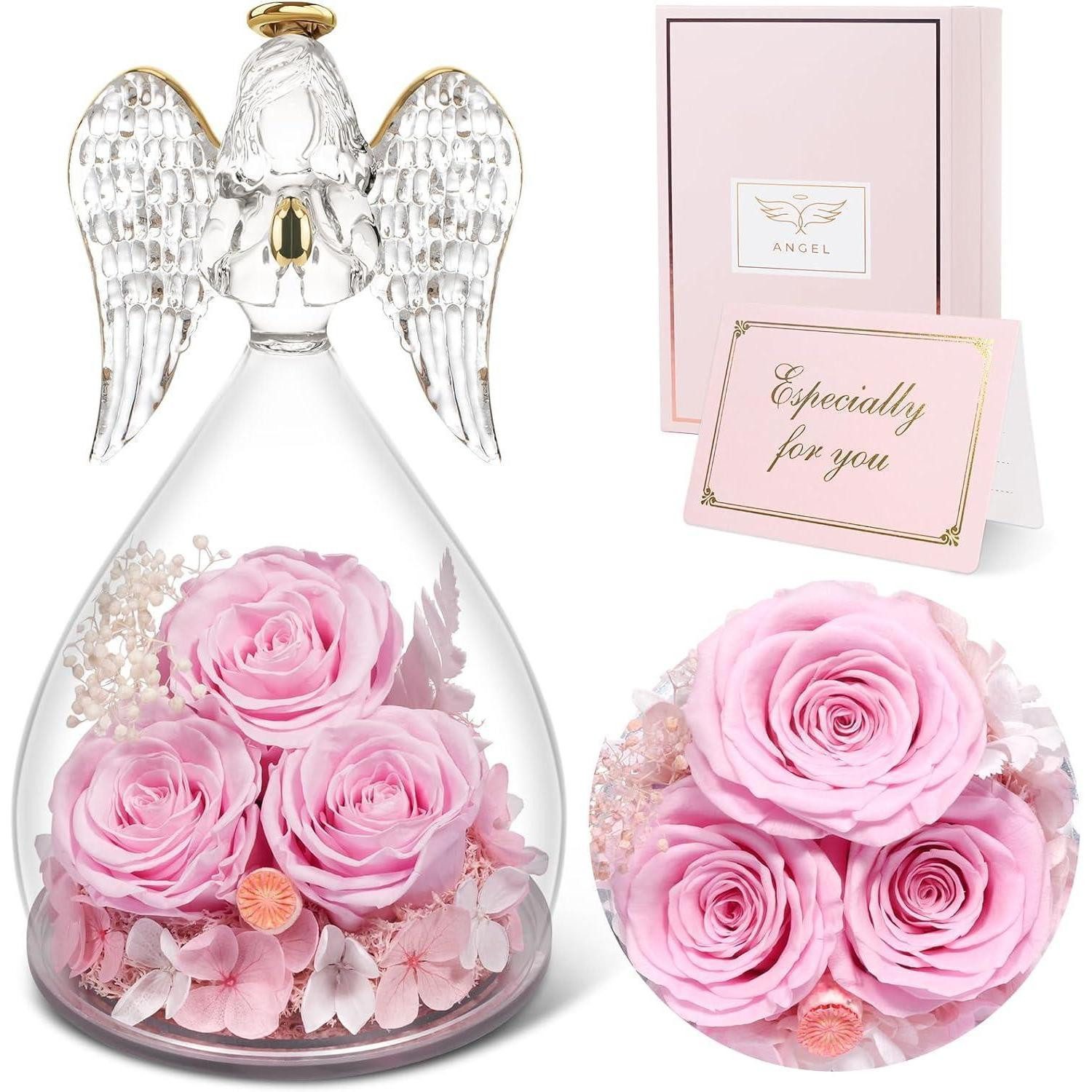 Trockenblume Ewige Rose Engel Geschenk-Set 3 Ewige Rosen & Glas Engel, LuxusKollektion