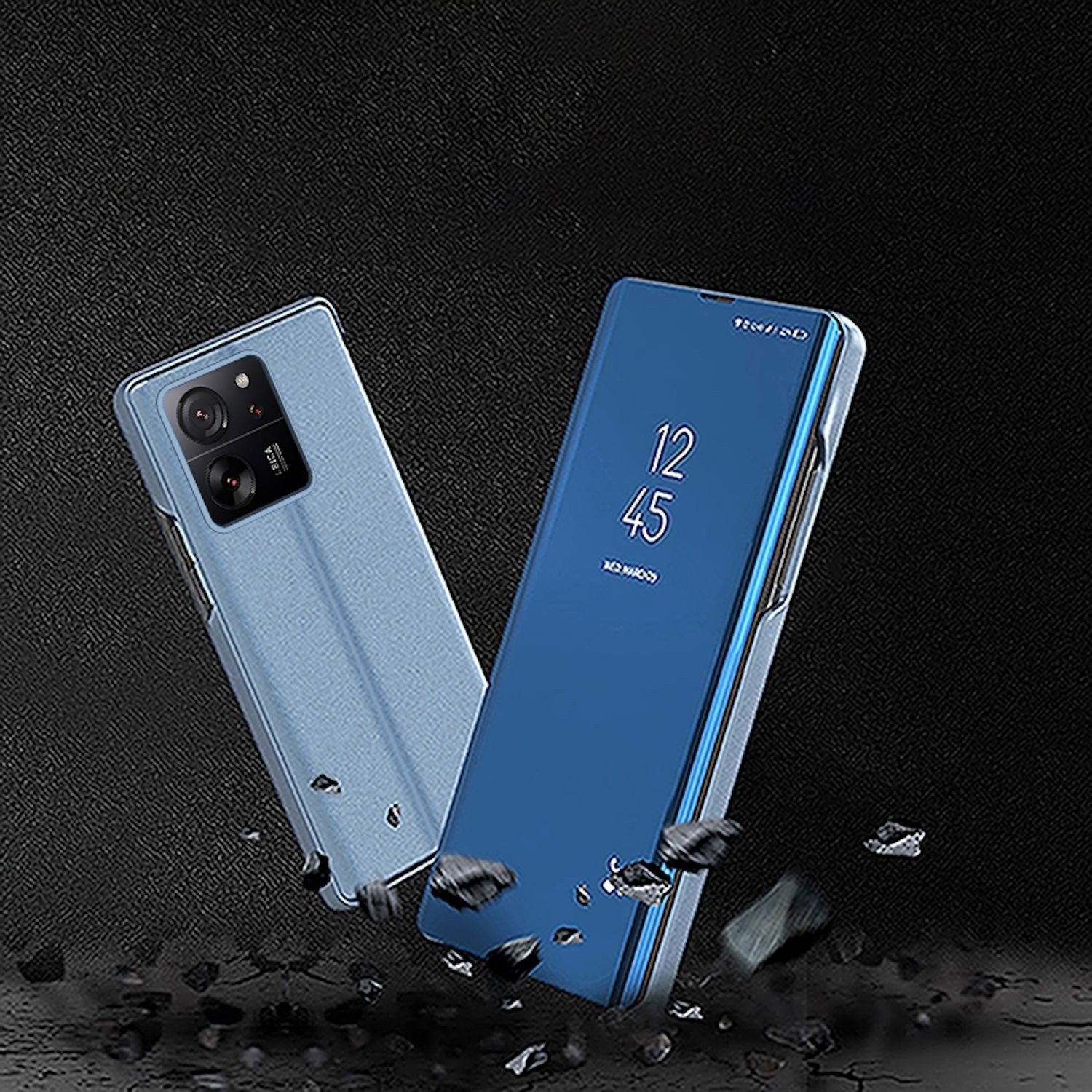 Wigento Handyhülle Für Xiaomi 14T Pro View Spiegel Smart Wake UP Funktion Hülle Schwarz, Elektroplattiertes Spiegel-Design, horizontaler Klappständer